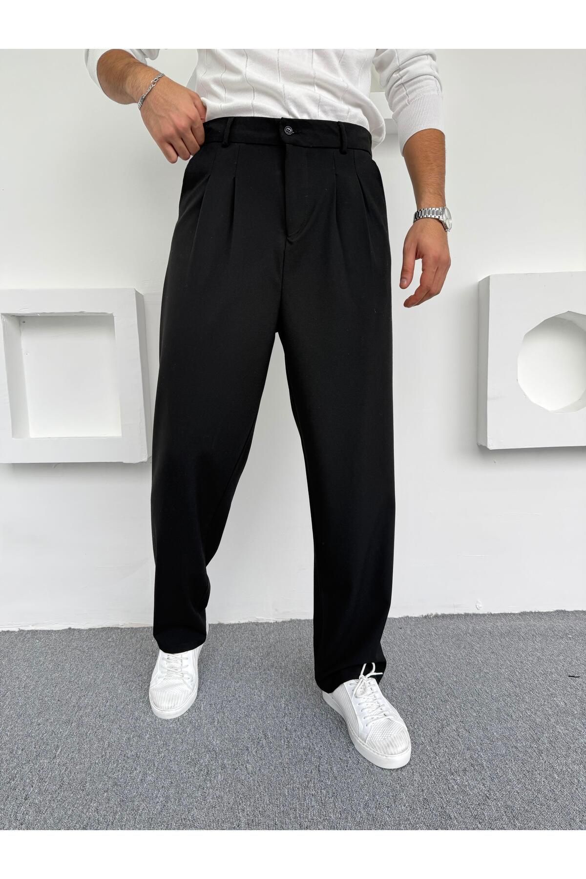 Butik Pileli Baggy Kumaş Pantolon Siyah