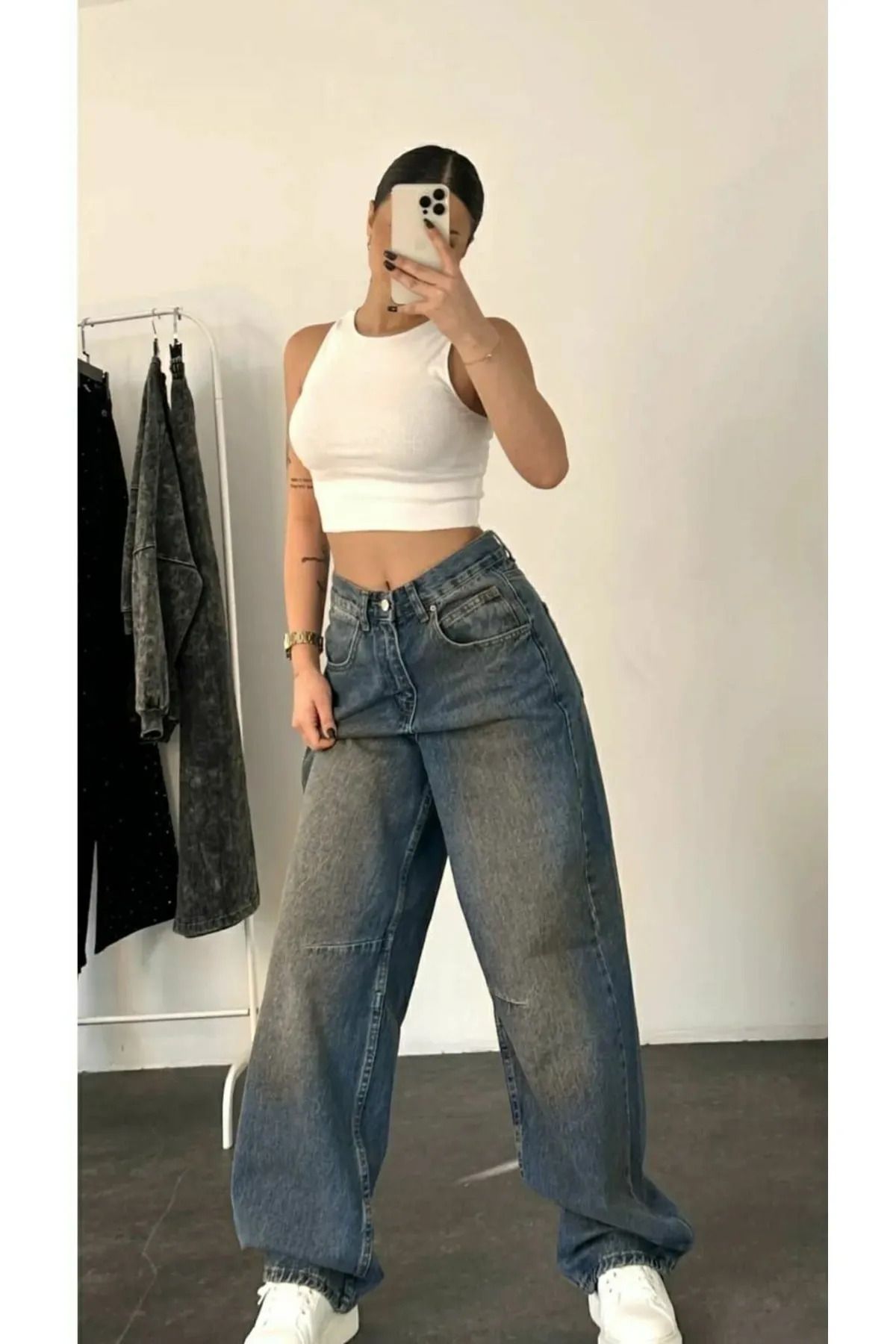 Rift Jeans Baggy Yıkamalı Toka Detaylı Bol Kesim Geniş Paça Rahat Jean Kot Salaş Kadın Pantolon