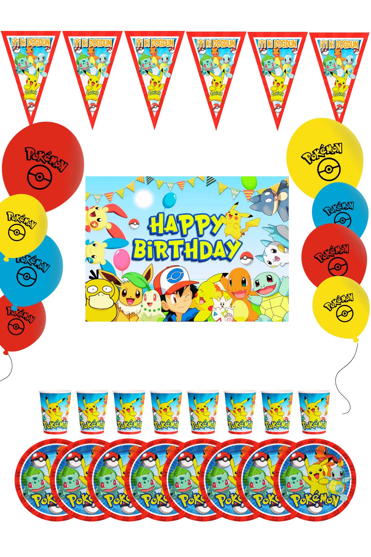 snowparty Pokemon Pikachu Bayraklı ve Afişli Doğum Günü Parti Malzemeleri Süsleri Seti