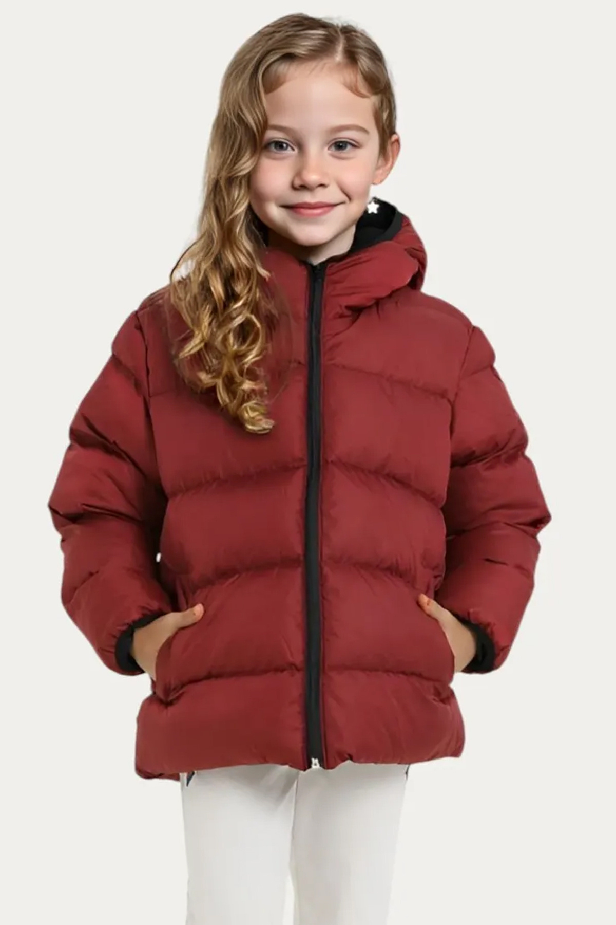 مونتلند کاپشن زمستانی دخترانه جیب‌دار، ضد باد، کلاه‌دار، آستر پشمی زرشکی