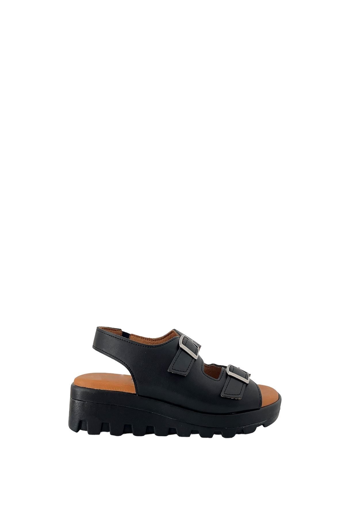 Saracshoes Kadın Çift Tokalı Sandalet Siyah Solere