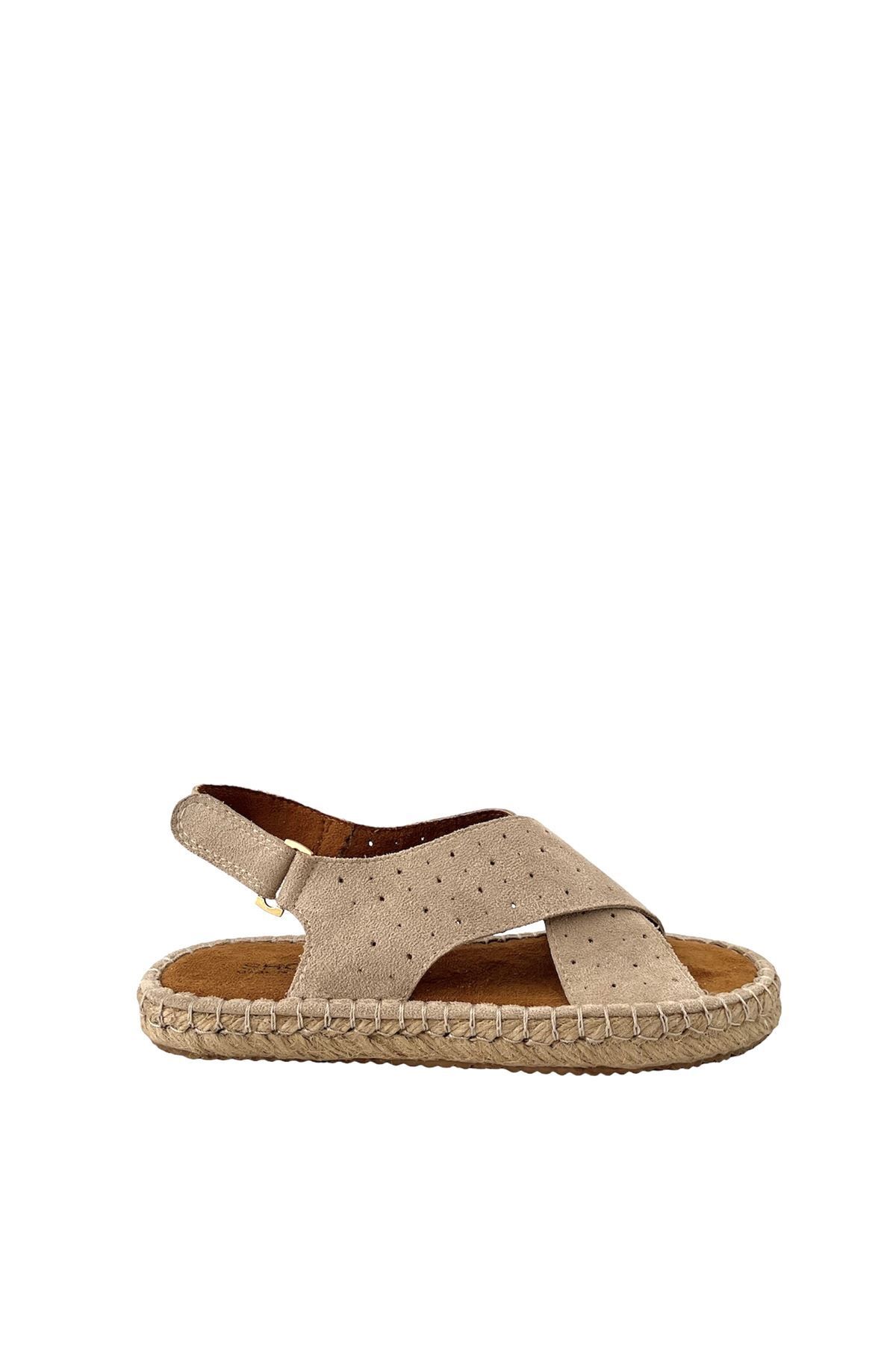 Saracshoes Kadın Bej Süet Çapraz Bantlı Sandalet Summer