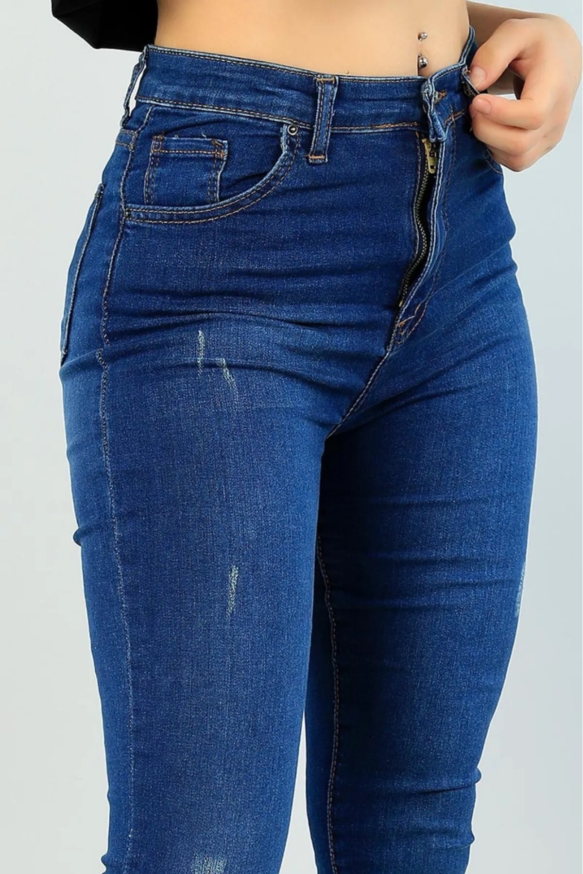 LİMABEL  Kadın Mavi Yüksel Bel Bilek Boy Dar Paça Skinny Likralı Kot Pantalon - Görsel 4