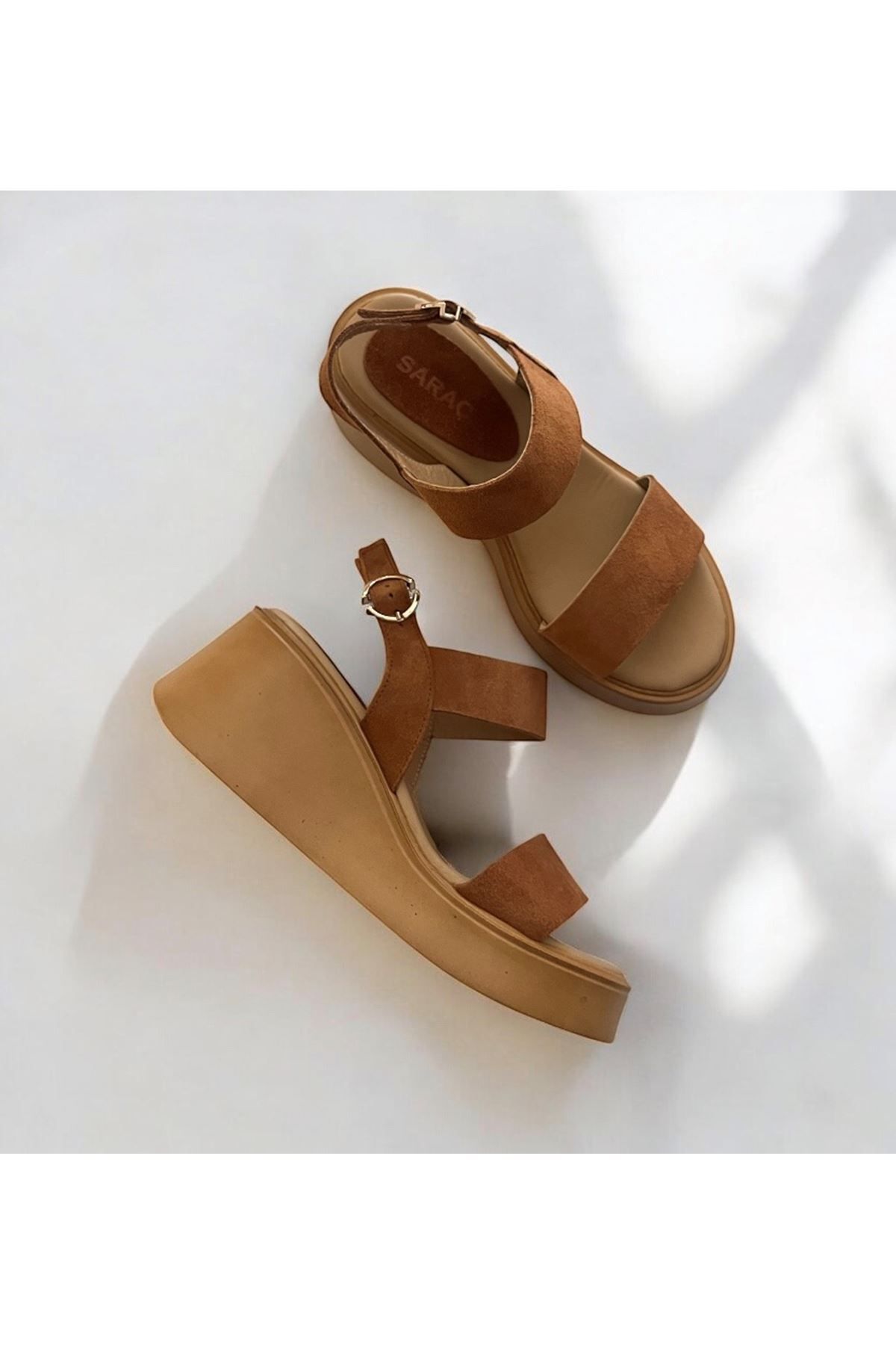 Saracshoes Gerçek Deri Süet Taba Kadın Sandalet Nily