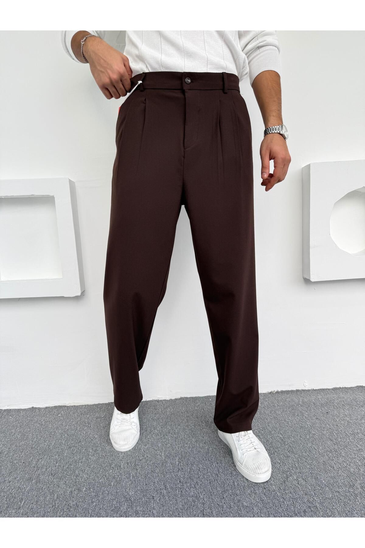 Butik Pileli Baggy Kumaş Pantolon Kahverengi