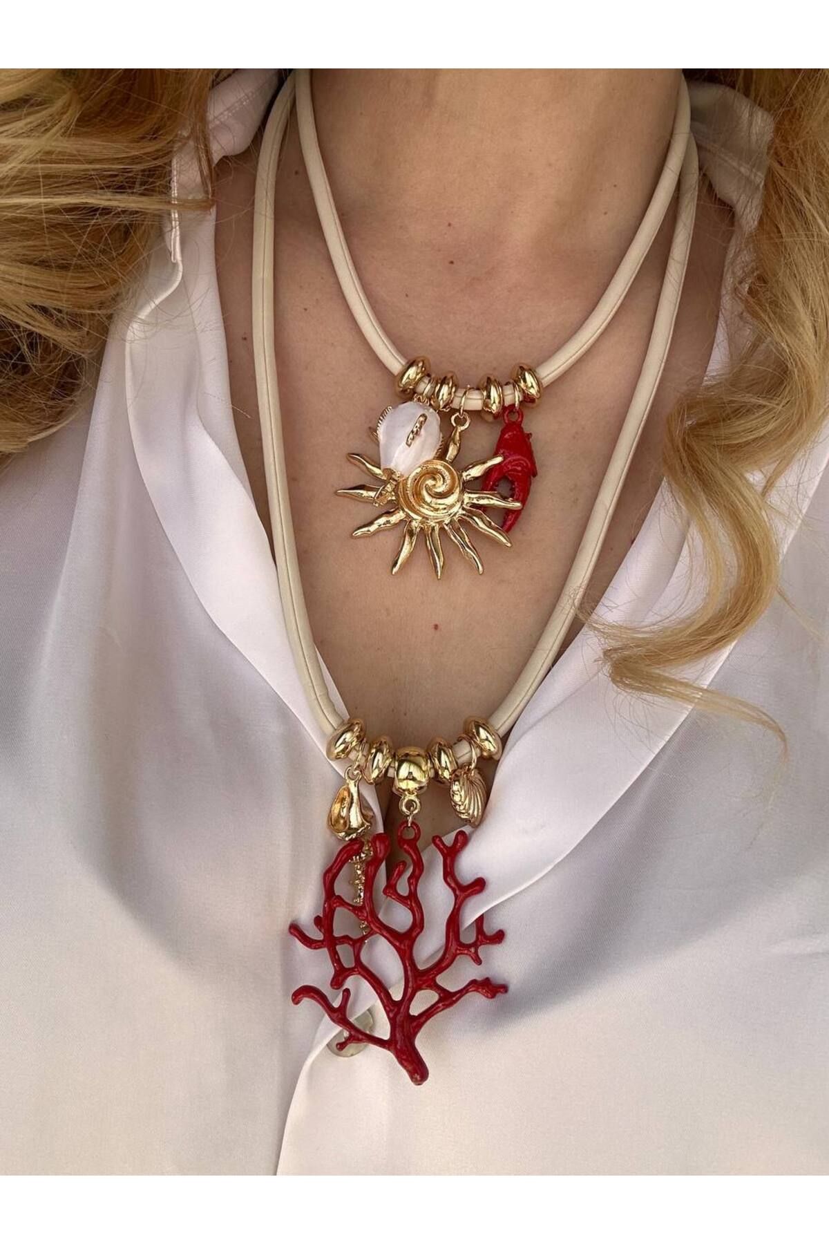 Esmeray Aksesuar Roze Gold Renk Krem Rengi Deri 2'li Kombin Charm Kolye Uzunluk 60 cm. 65 cm. 45 cm. 50 cm.