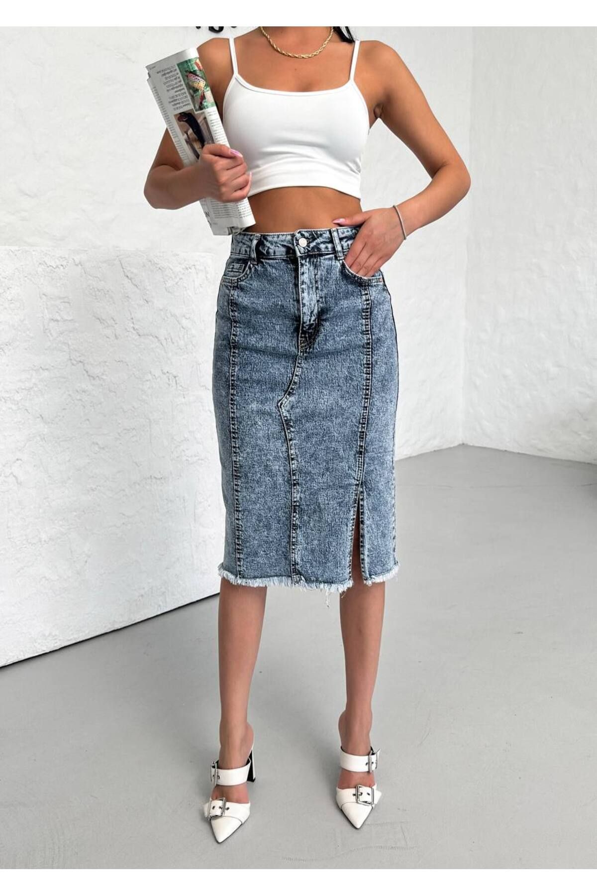 Miele Woman Kadın Midi Boy Likralı Yırtmaçlı Etek Denim Esnek