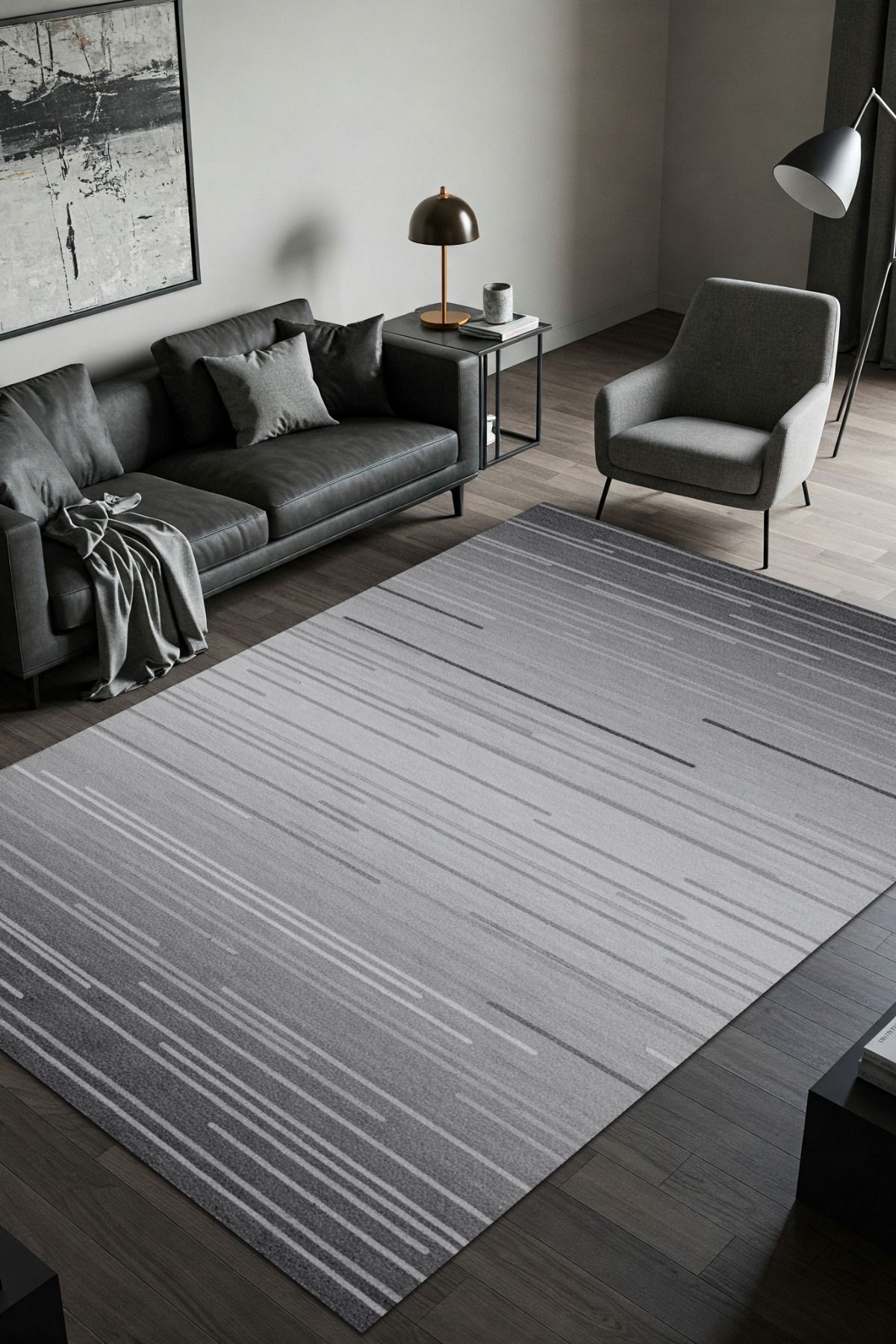 The Reef Design Çizgili Modern Desenli Gri Halı Dijital Baskılı Kaymaz Tabanlı Yıkanabilir Oturma Odası Halısı