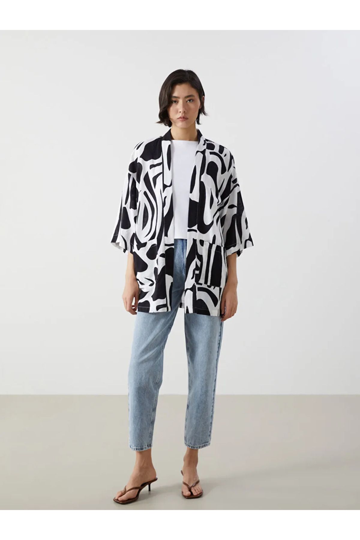 LC Waikiki LCW Vision Lacivert Şal Yaka Desenli Keten Görünümlü Kadın Kimono
