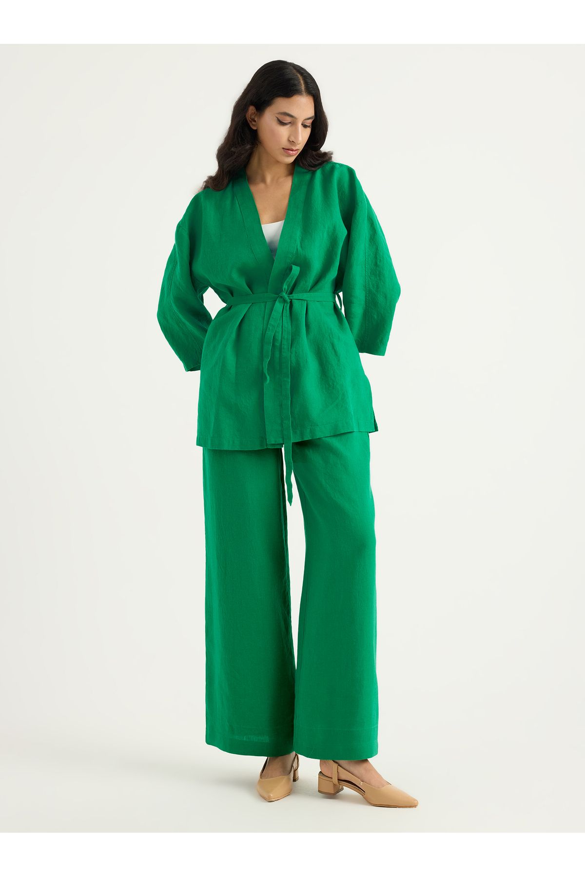 Store Wf %100 Keten Yeşil Kimono Takım
