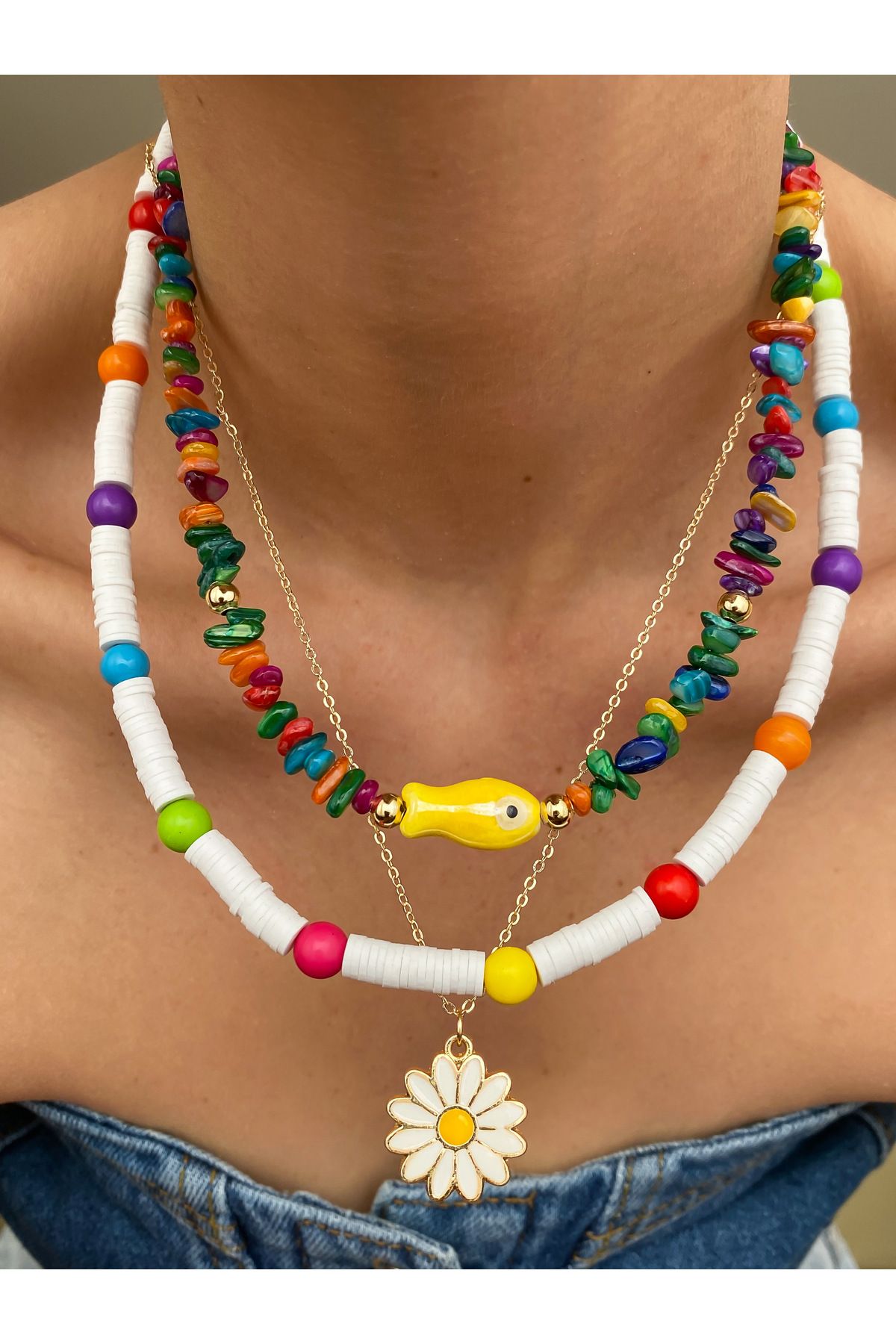 Lucky Designs Renkli Seramik Figür Detay Üçlü Set Kolye/ Kadın Çoklu Set Kolye/Yazlık Üçlü Kolye