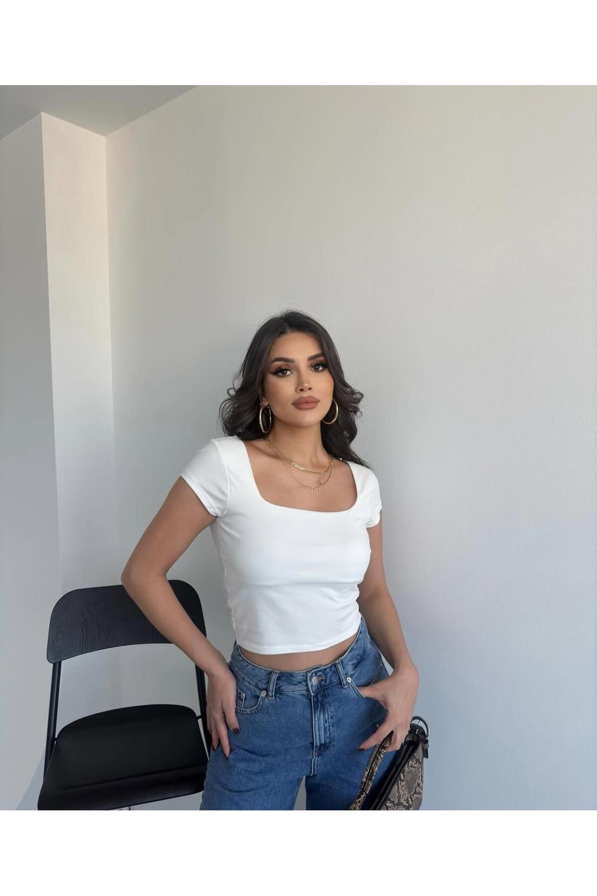lüx vestimenta Kare Yaka Kısakollu Crop T-SHIRT