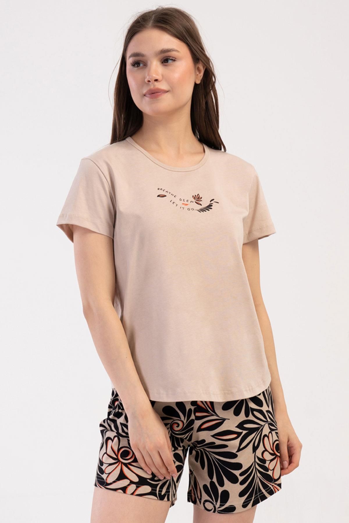 VİENETTA Kadın Kısa Kol Bej Şortlu Pijama Takım %100 PAMUK C0T6N0O804