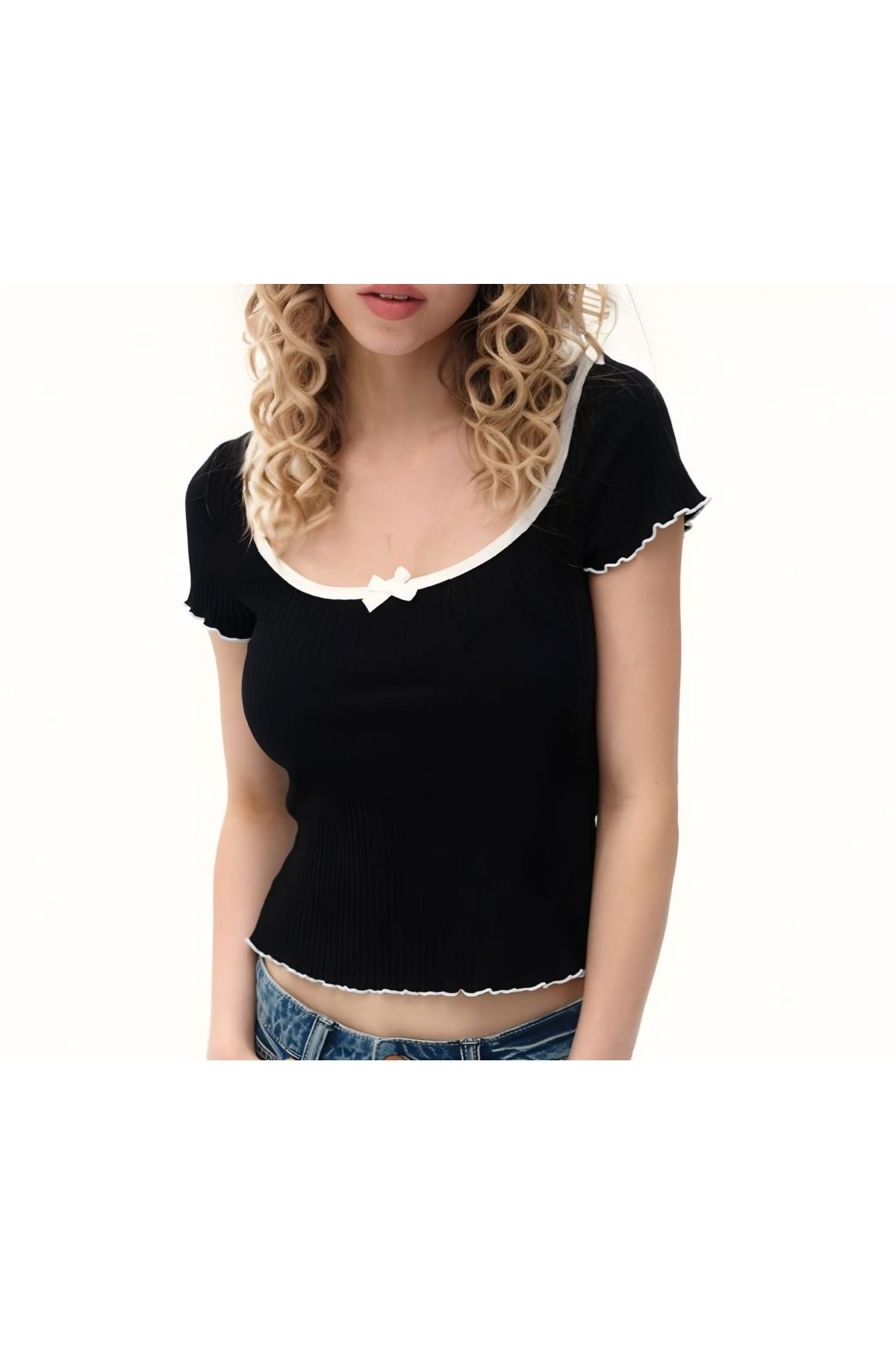 charango kadın kare yaka etek ve kol ucu süs dikişli kısa kollu bodycon bluz
