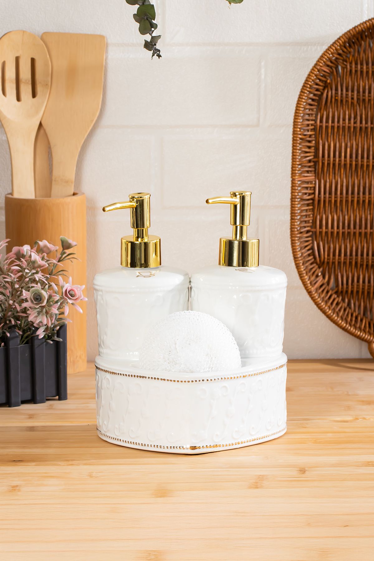 Porsima 3117 Gold Kapaklı Porselen Süngerli 2li Sıvı Sabunluk – Beyaz 350+350 ml