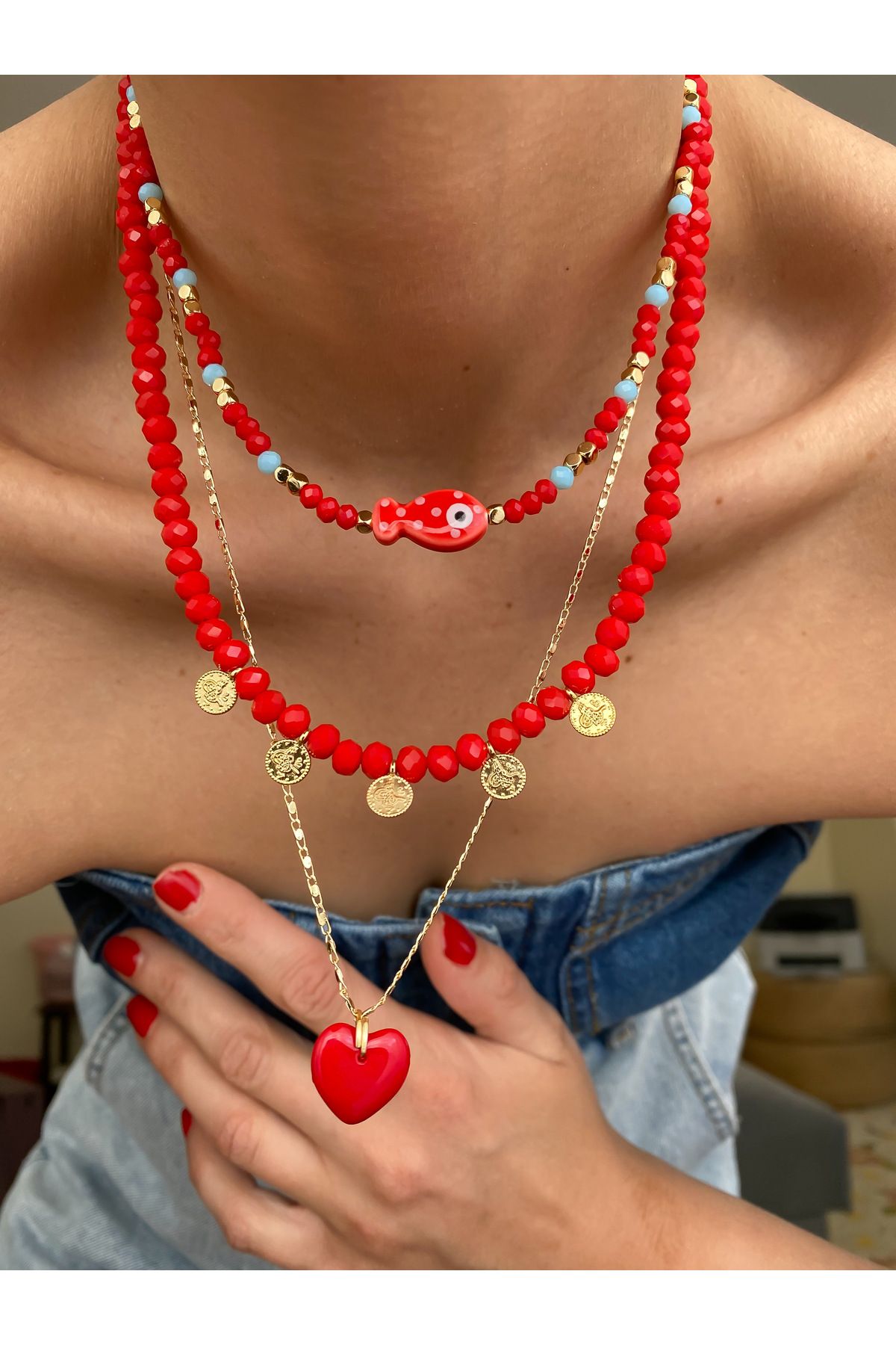 Lucky Designs Renkli Seramik Figür Detay Üçlü Set Kolye/ Kadın Çoklu Set Kolye/Yazlık Üçlü Kolye