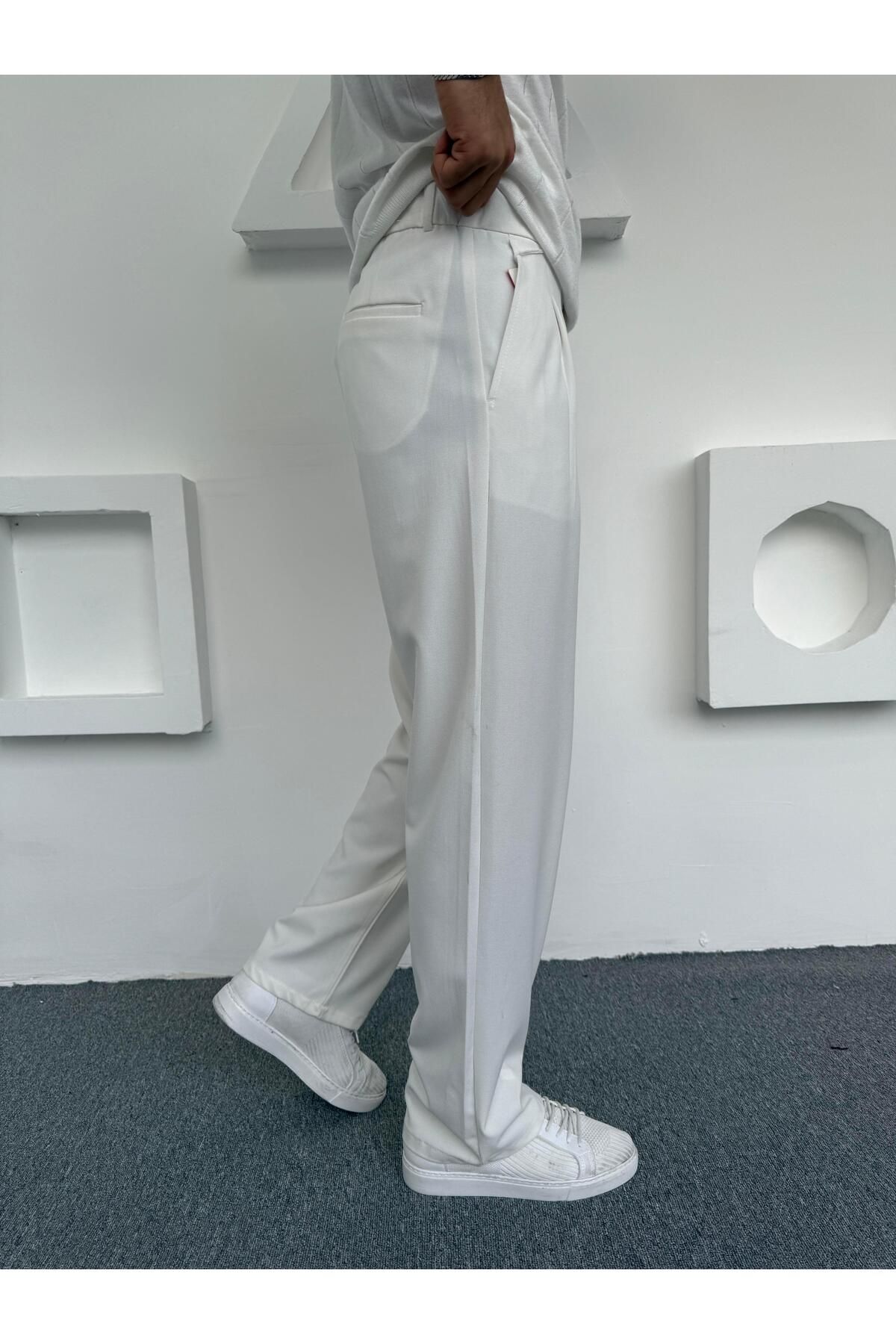 Butik Pileli Baggy Kumaş Pantolon Beyaz