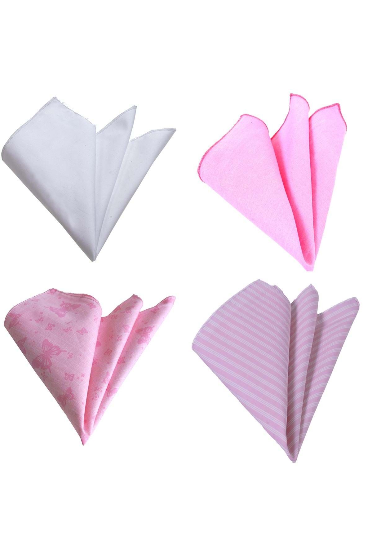 Exve Exclusive 4'lü Pinkish Butterfully Pembe Pamuk Dokuma 4 in 1 Yaka Mendil Seti