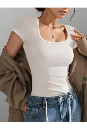 Wearflawless Kare Yaka Kısa Kol Pamuklu Fitilli Beyaz Bluz