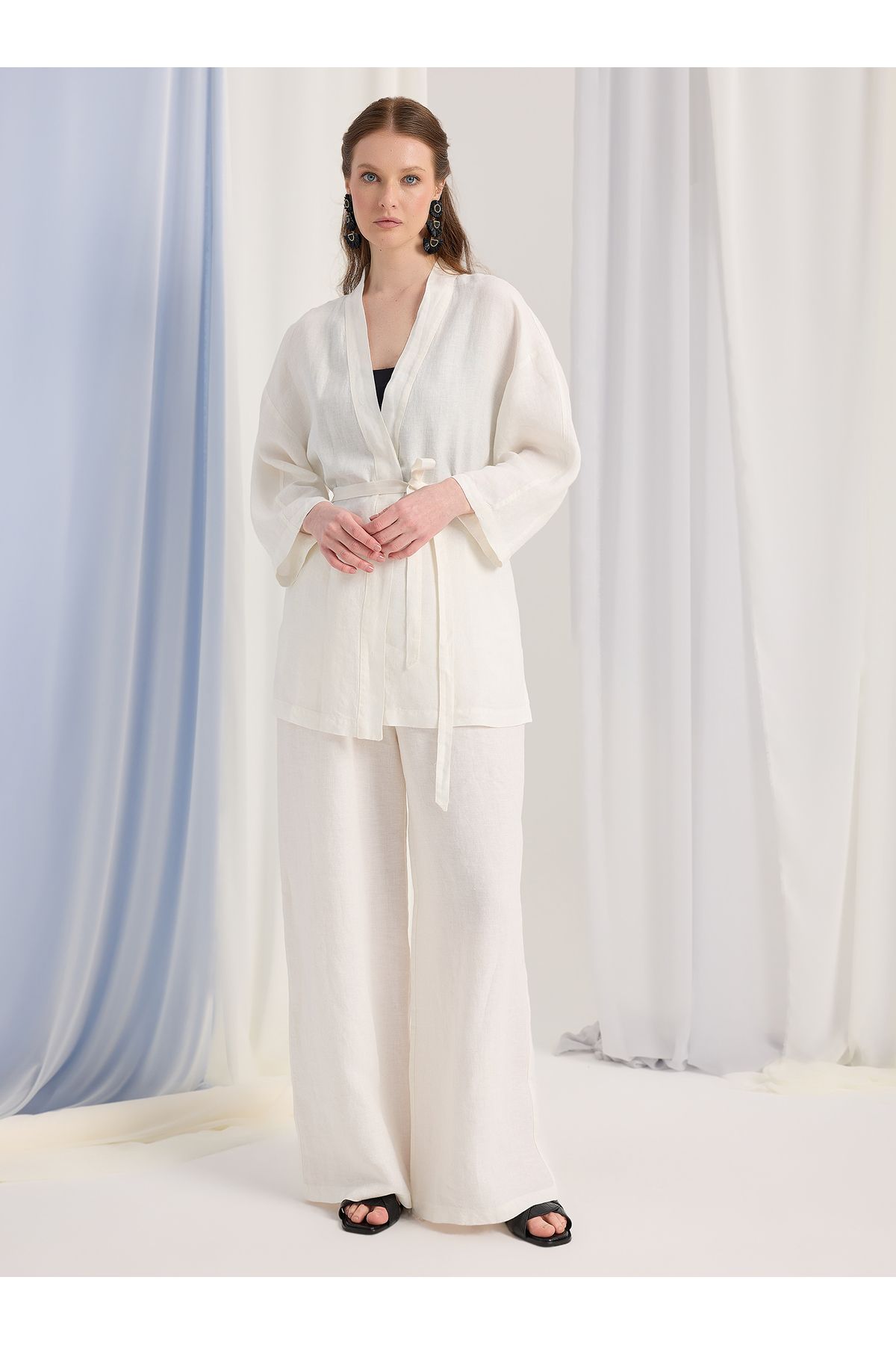 Store Wf %100 Keten Beyaz Kimono Takım
