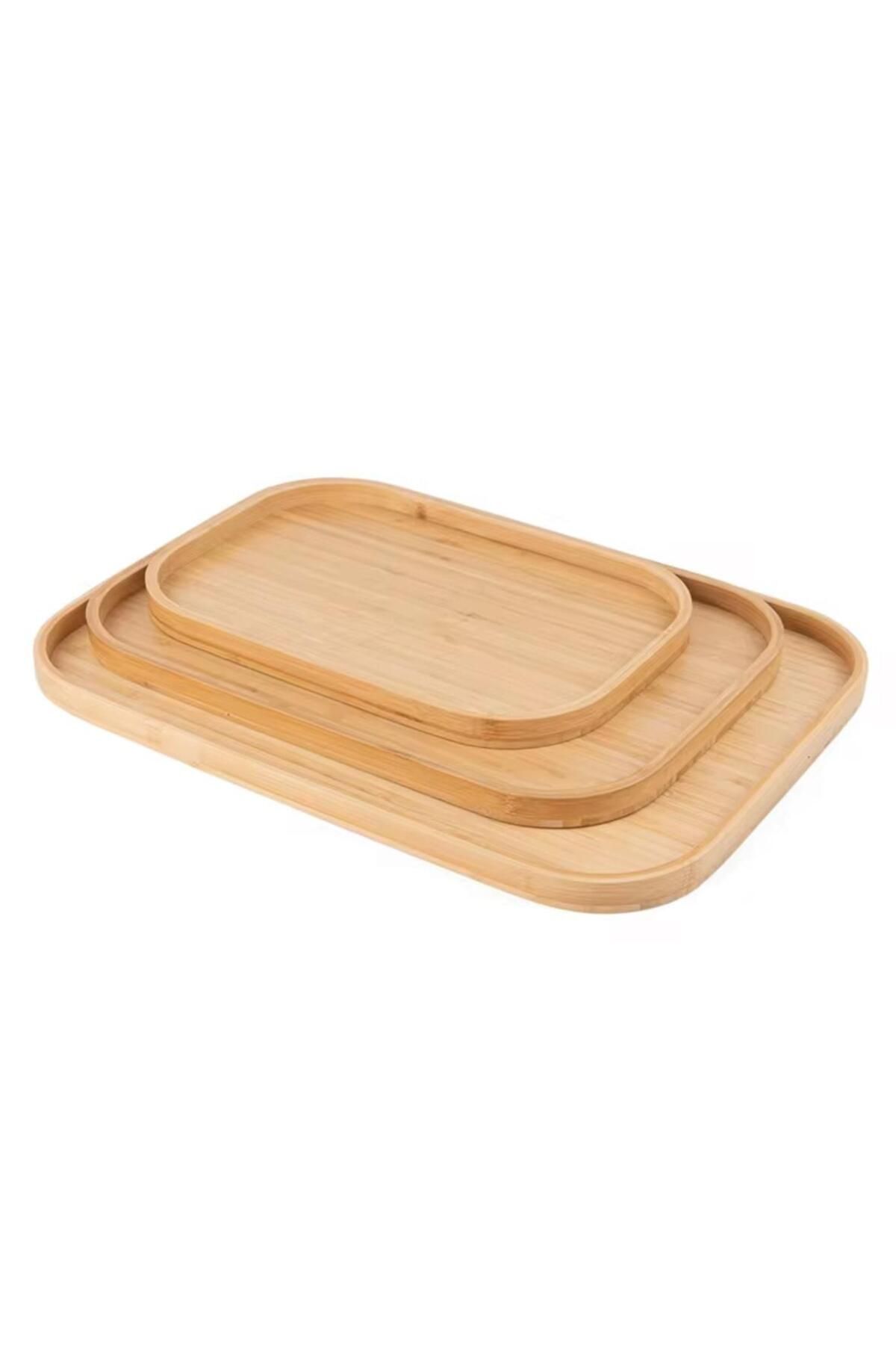YDGR Doğal Bambu 3'lü Çay ve Sunum Tepsisi Seti – Modern ve Şık Tasarım 33x22 & 40x28 & 46x35 cm