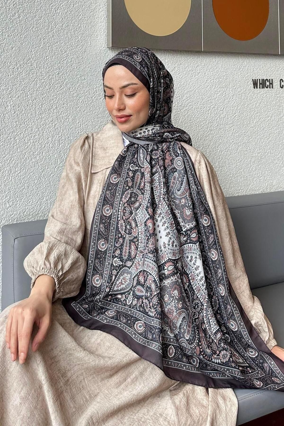 lamelif-Retro Pattern Soft Shawl Anthracite 3