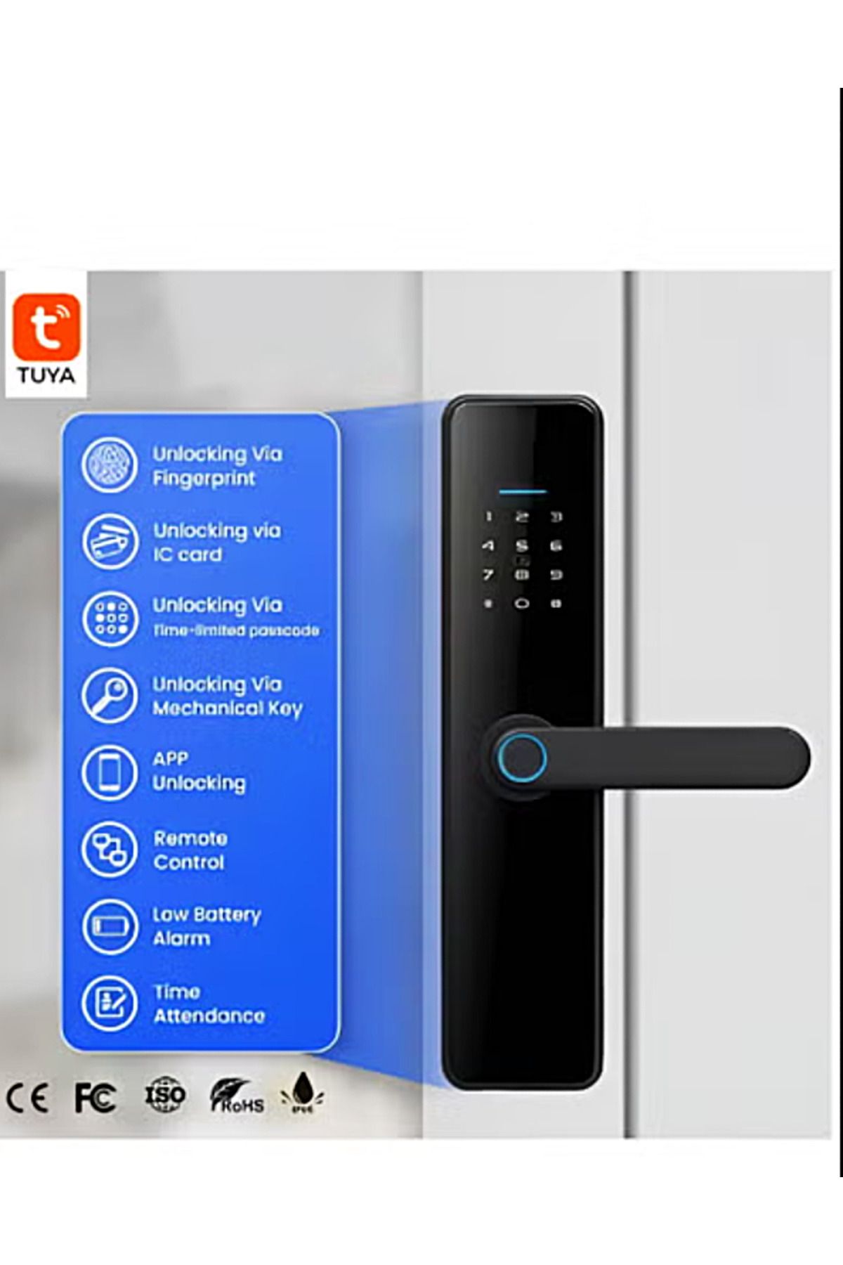 DarTech-Dartek Smart Lock 5 Ways to Unlock with Fingerprint, Padlock, Key, Card, App Fits Any Door, Global Version, Home System Black 5