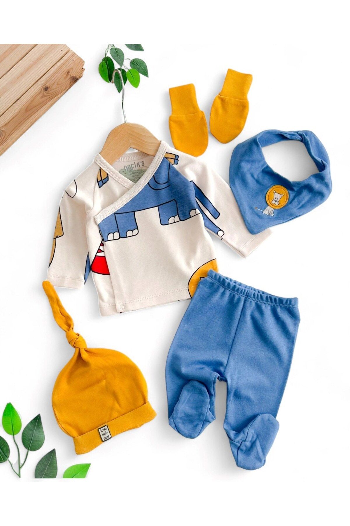 voyyo kids baby ERKEK BEBEK MEVSİMLİK HAYVANLAR BASKILI5 PARÇA HASTANE ÇIKIŞI ZIBIN SETİ