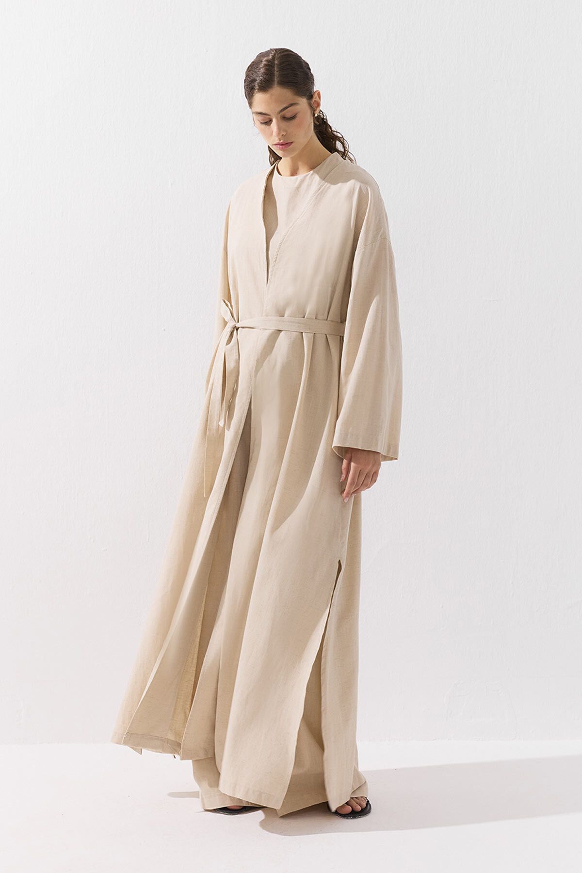 Hooopstore Kemerli Uzun Kimono Naturel Pantolon Takım