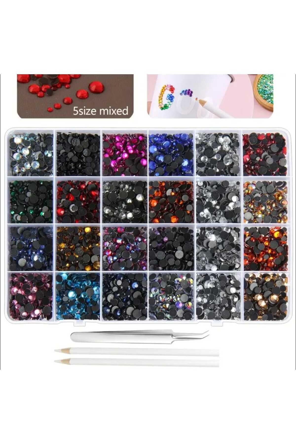 yiğit aksesuar 24 Renk 14.000 Adet Hotfix Ütü Ile Yapışan Taş Ss10(2.5MM) Taş Tutma Kalemi Ve Cımbız Hediyeli