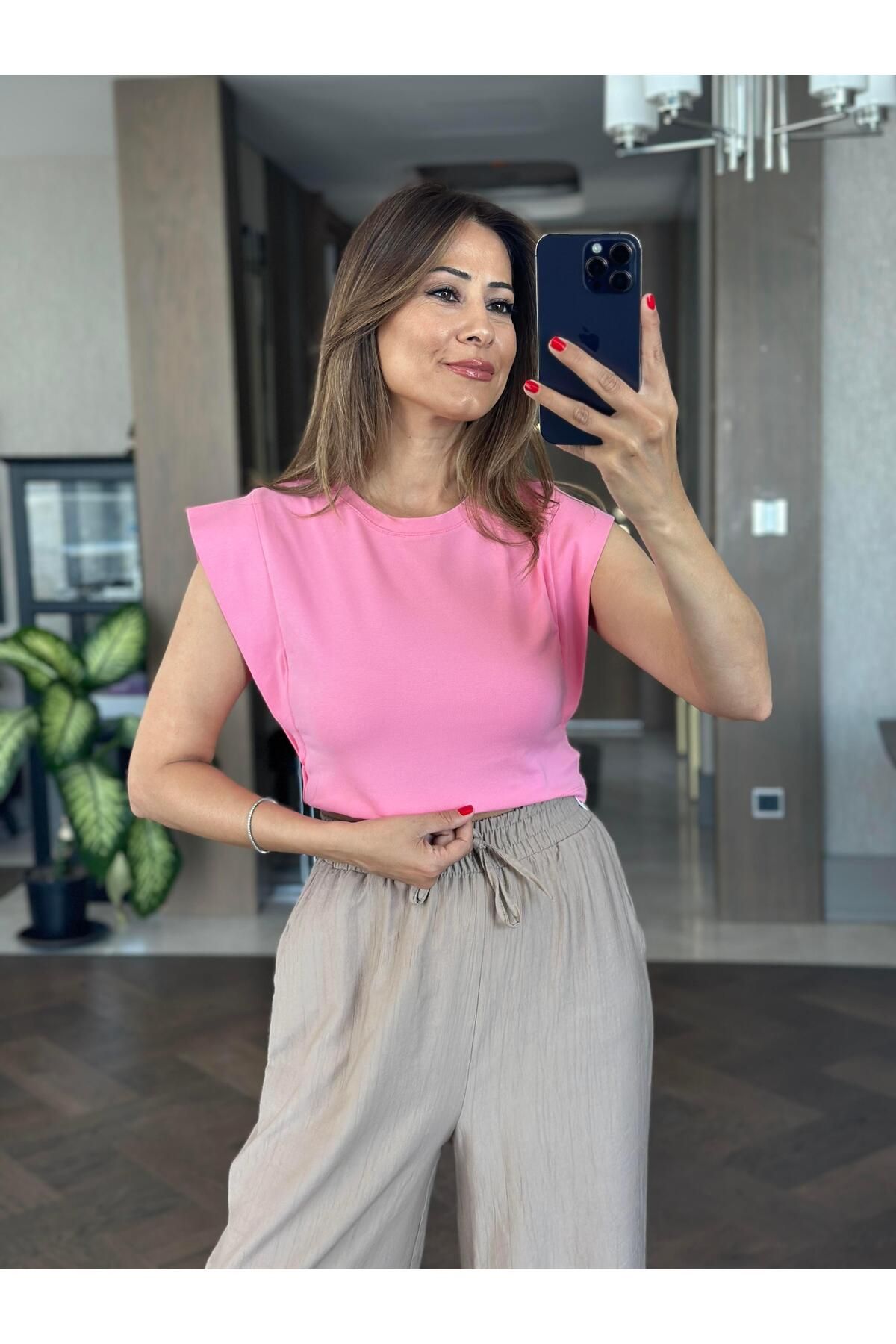 Forlady4 Pembe Vatka Görünümlü Sıfır Kol Kadın Crop Body