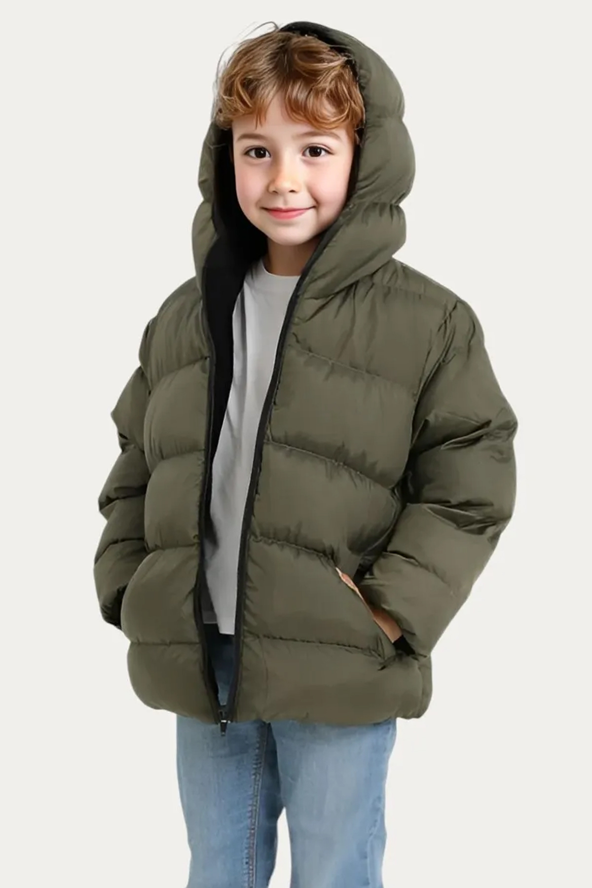 معطف شتوي منتفخ بجيب من الصوف الكاكي مقاوم للماء و...