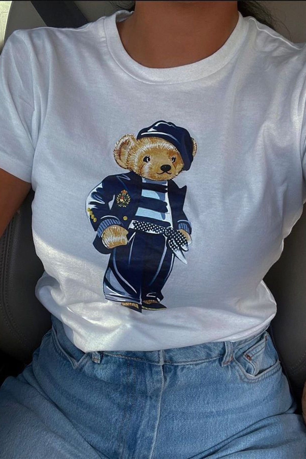 The Champ Clothing Kadın Lacivert Denizci Ayıcık Baskılı Beyaz Tişört