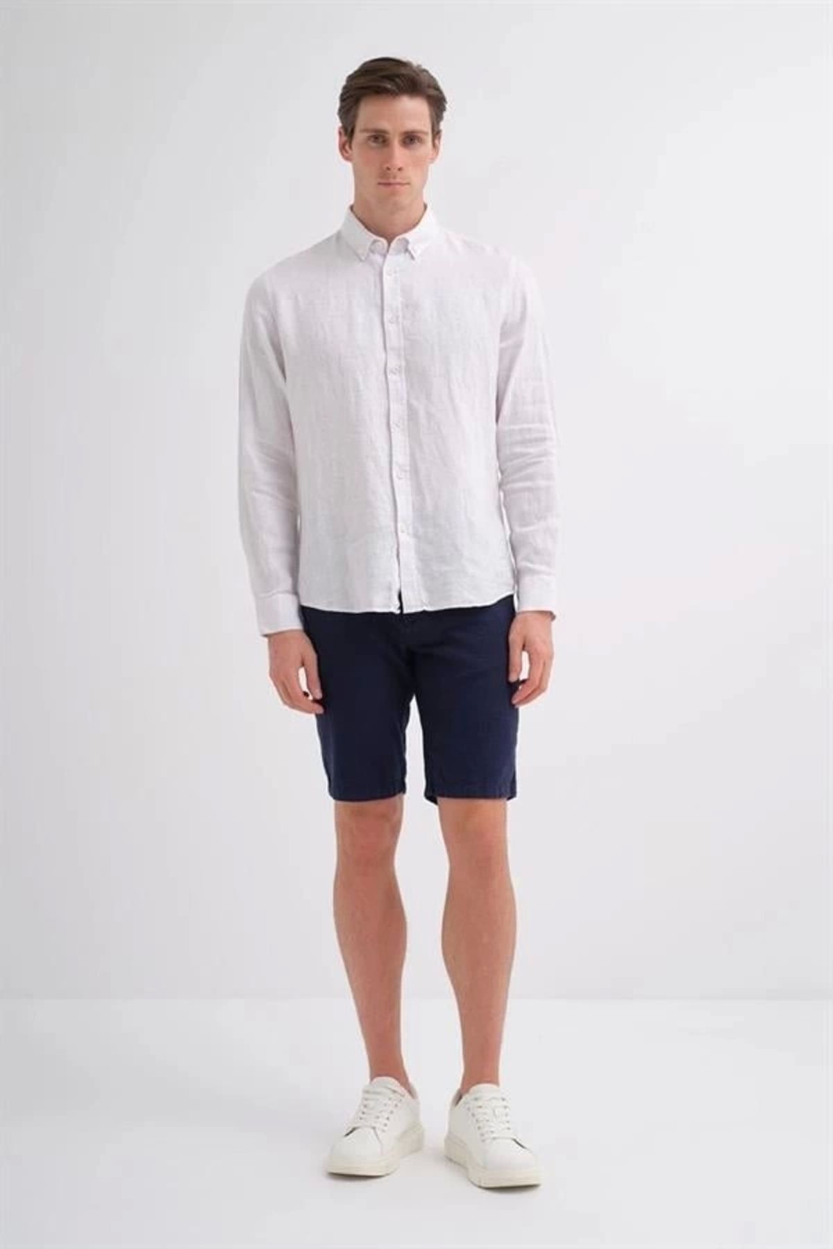 Lale Moda 2037 Regular Fit Uzun Kollu Saf Keten Erkek Gömlek Beyaz