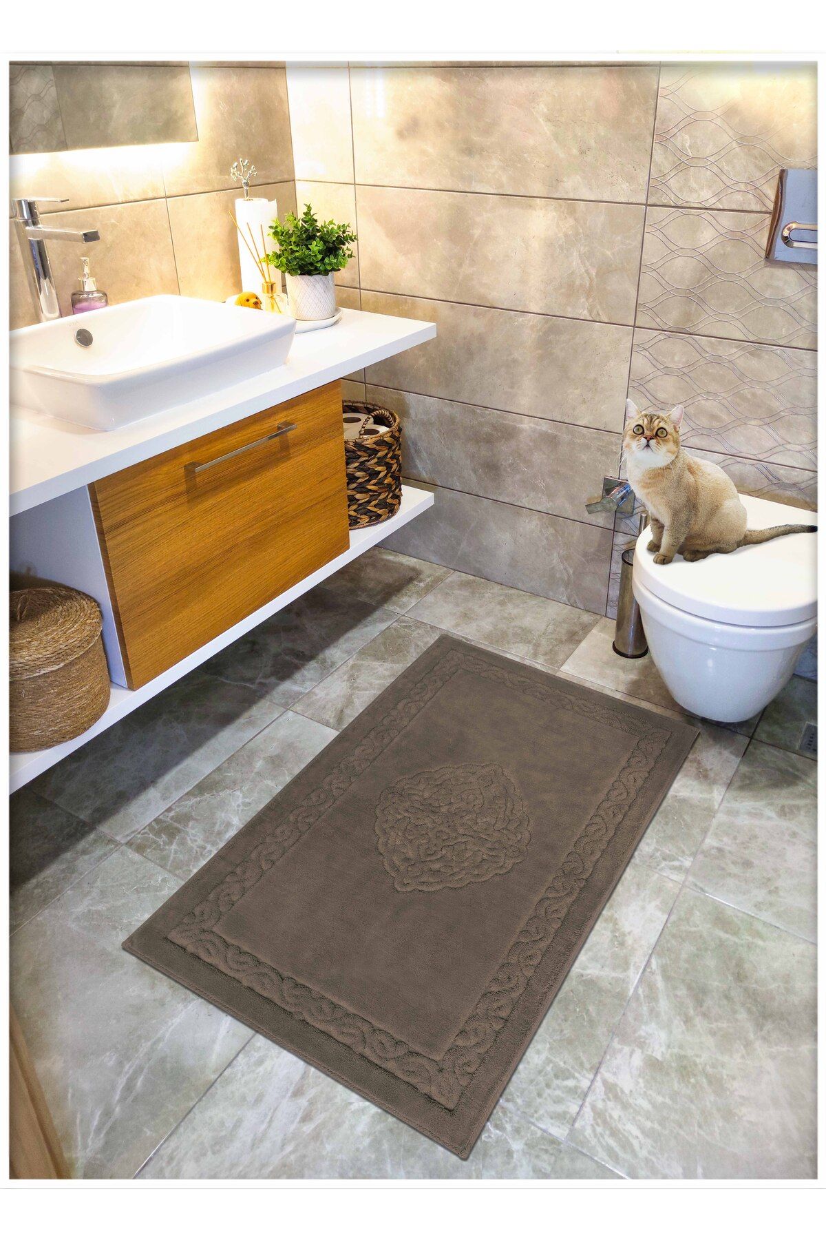 CottonCrafty Pamuk Dokuma Su Emici Banyo Paspası, Banyo Halısı Victoria 70 X 120 Cm Kahve