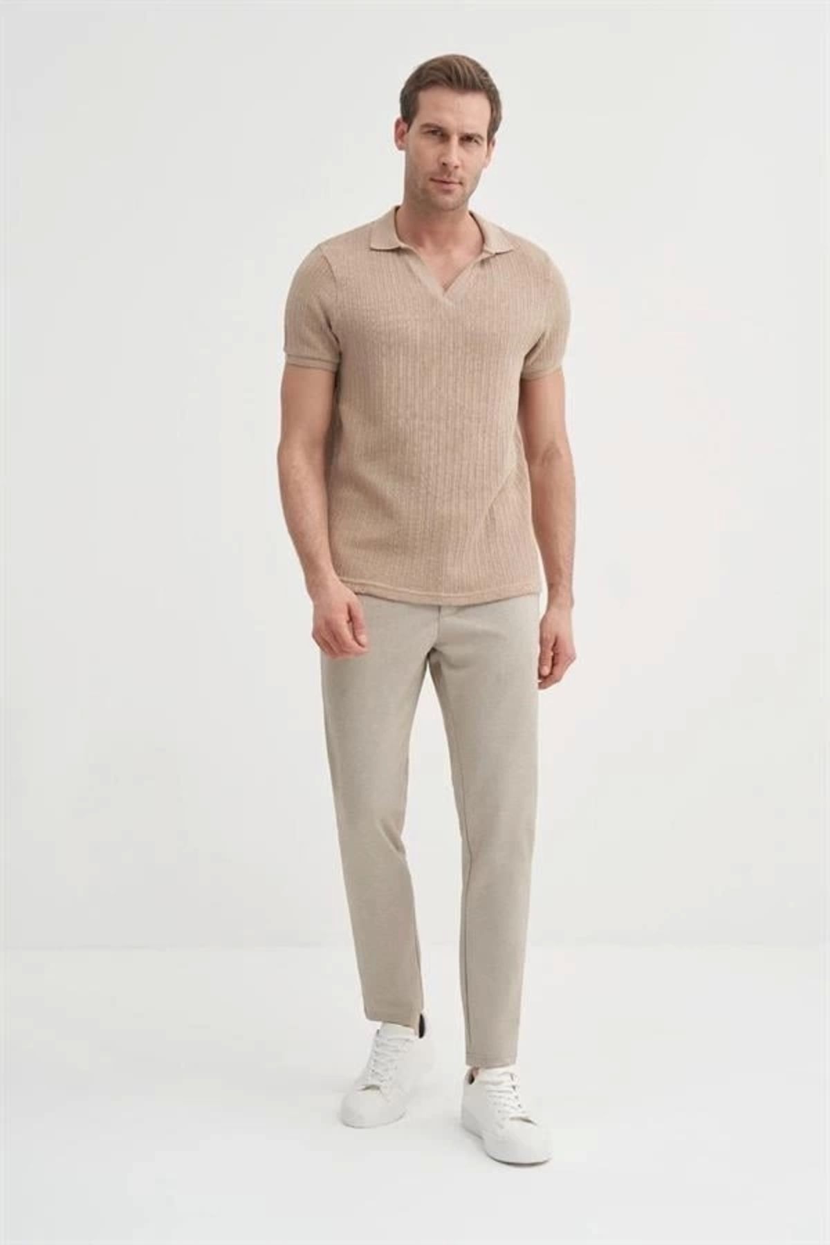 Lale Moda 4012 Örgü Polo Yaka Erkek TShirt Bej