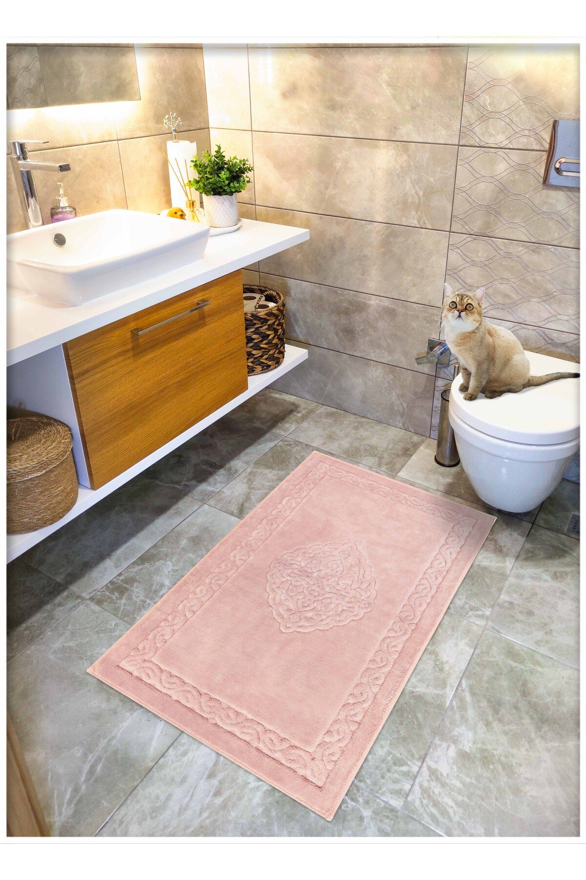 CottonCrafty Pamuk Dokuma Su Emici Banyo Paspası, Banyo Halısı Victoria 70 X 120 Pudra
