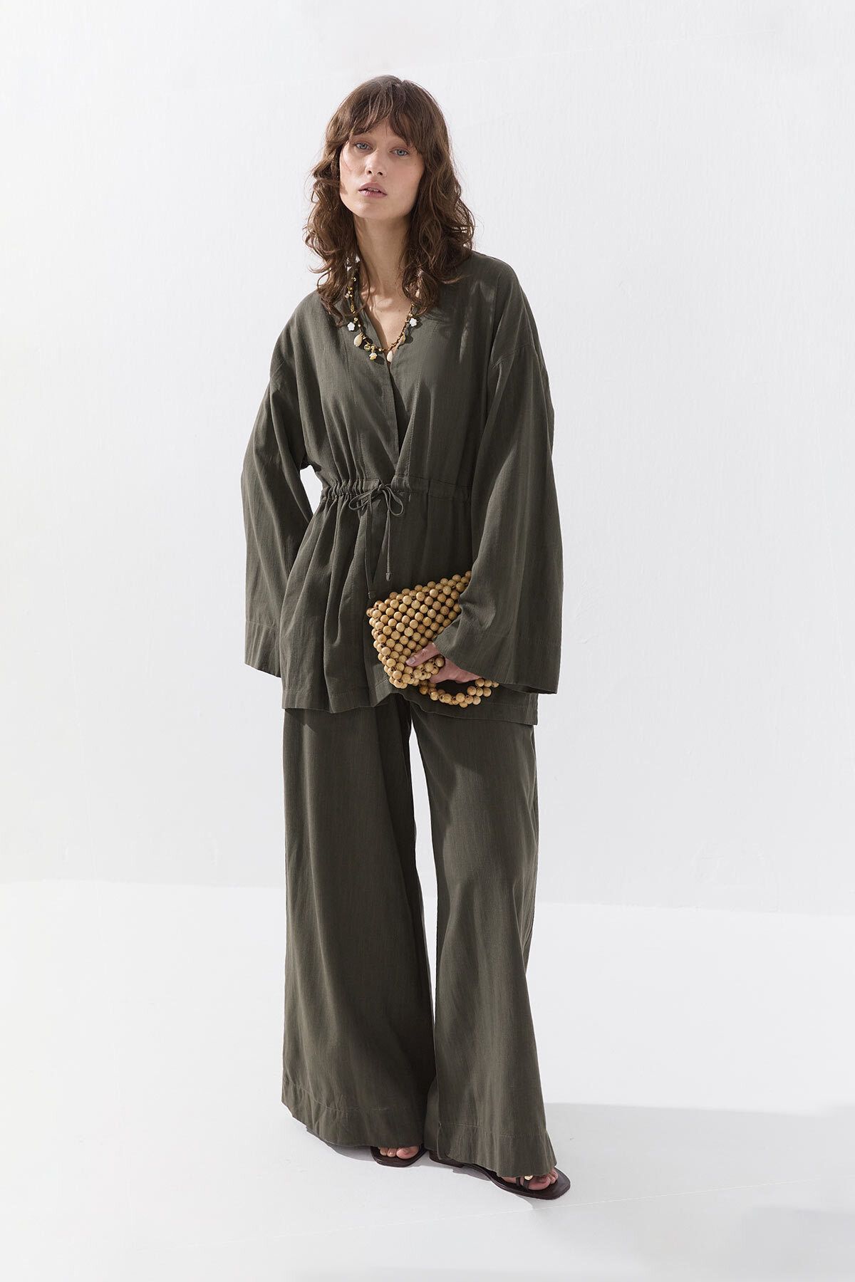 Hooopstore Önden Bağlama Detaylı Haki Kimono Pantolon Takım