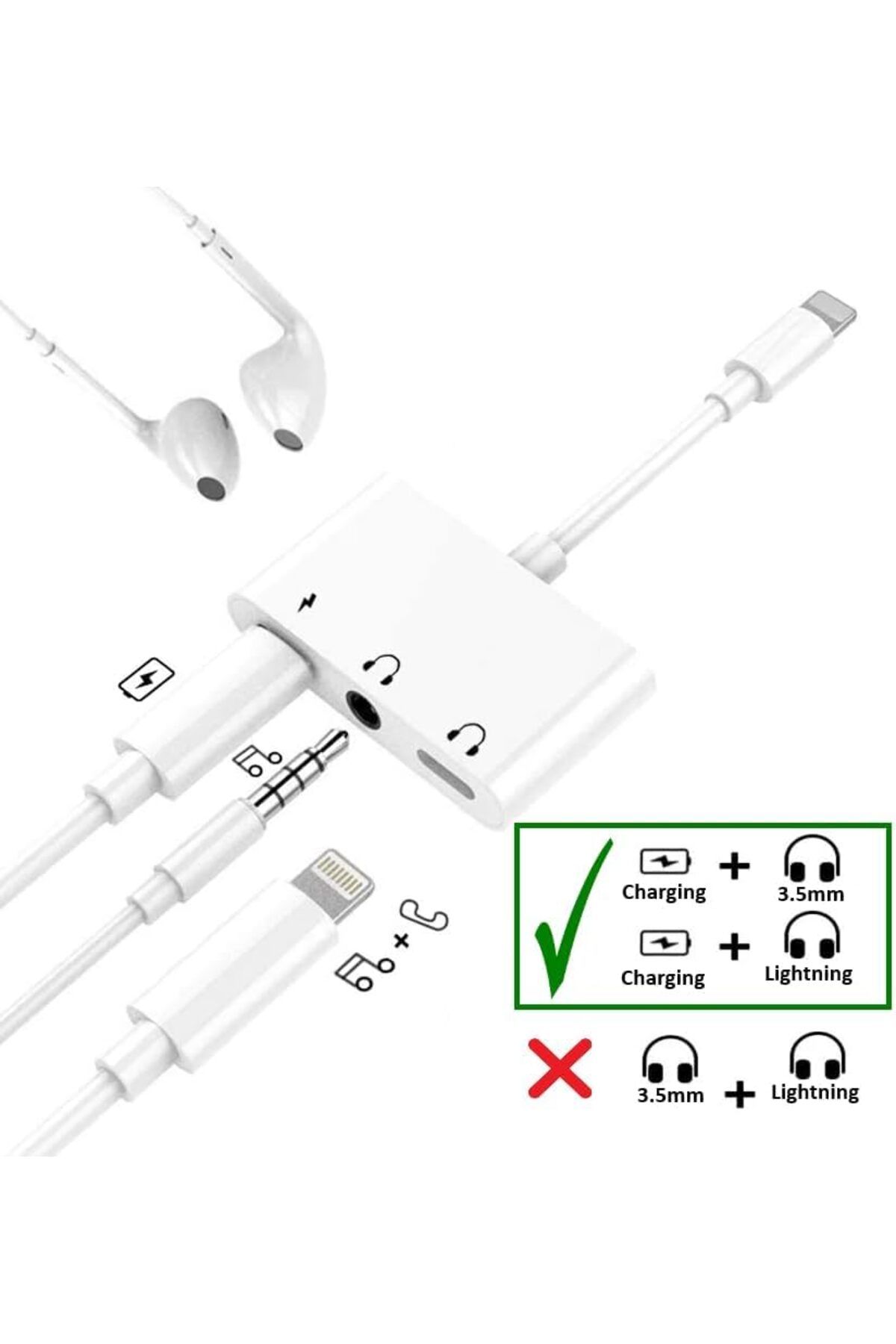 Generic-Lightning to Headphone Jack 3.5 mm Adapter 3-in-1 Splitter for iPhone/iPad/iPod 7