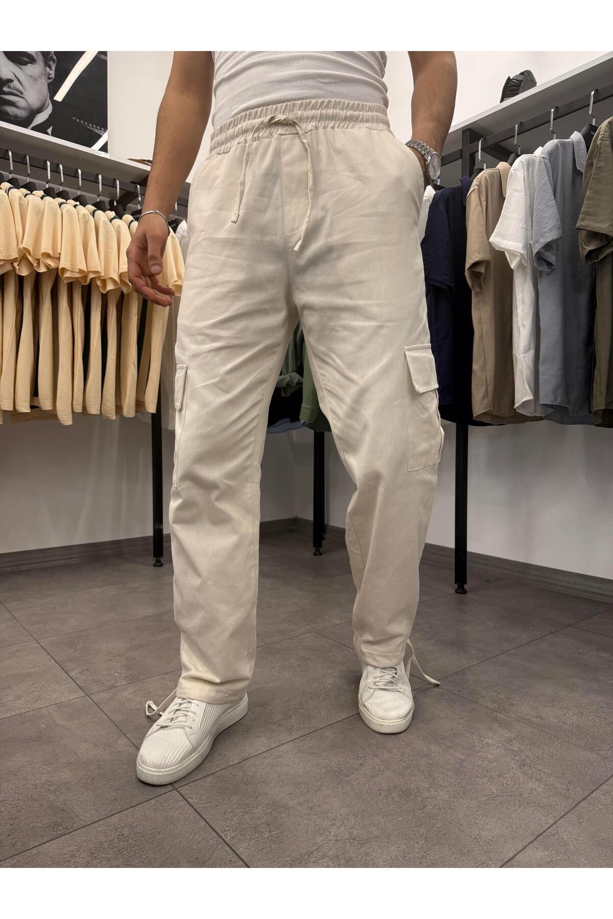Butik Kargo Cepli Gabardin Kumaş Paça Ayarlanabilir Keten Pantolon Bej