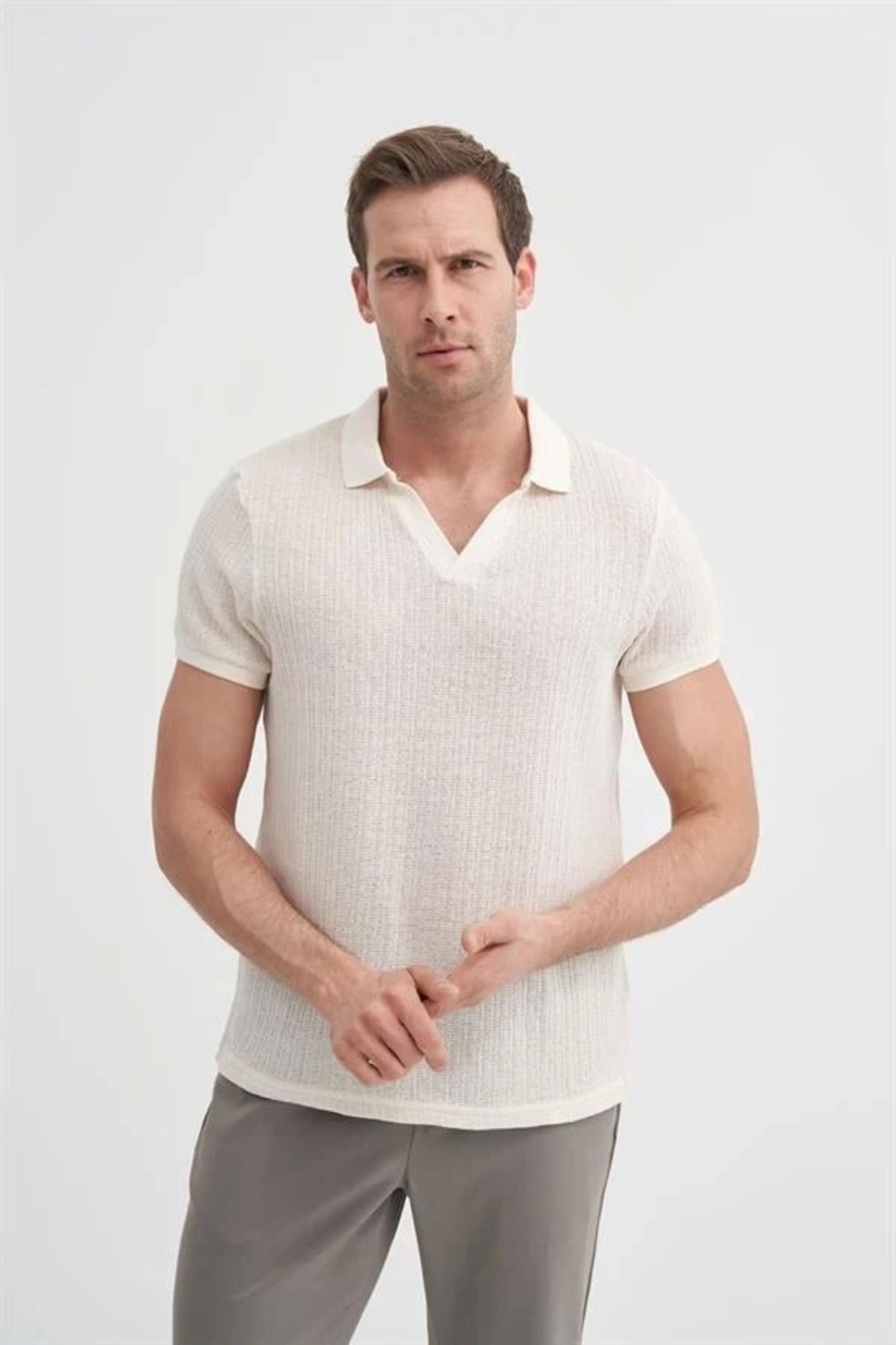 Lale Moda 4012 Örgü Polo Yaka Erkek TShirt Ekru
