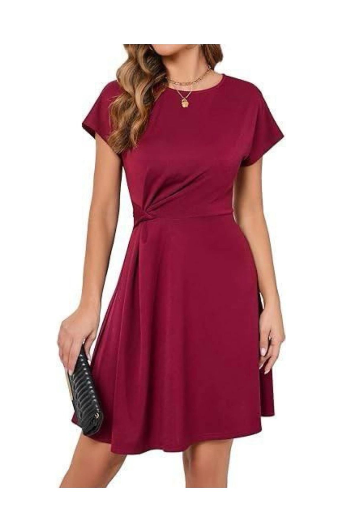 Butik Kadın Sendy Kumaş Büzgü Detaylı Kısa Kollu Elbise