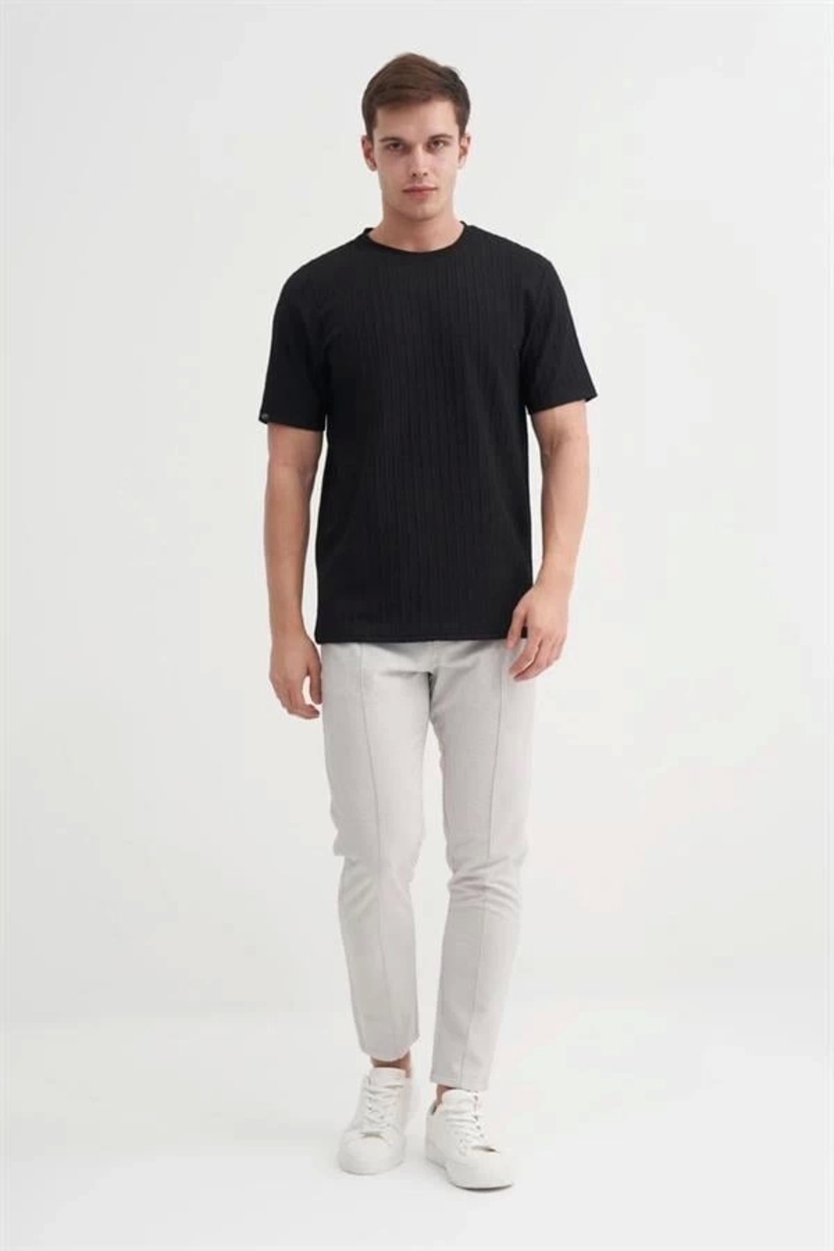 Lale Moda 4051 Bisiklet Yaka Desenli Erkek T-Shirt SİYAH
