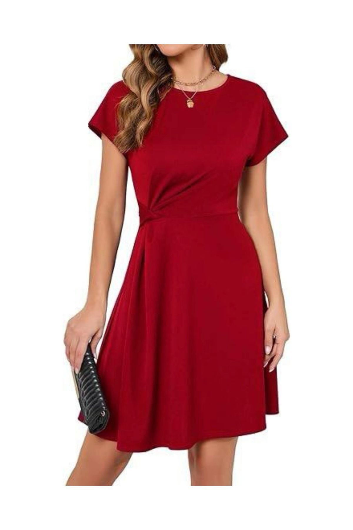 Butik Kadın Sendy Kumaş Büzgü Detaylı Kısa Kollu Elbise