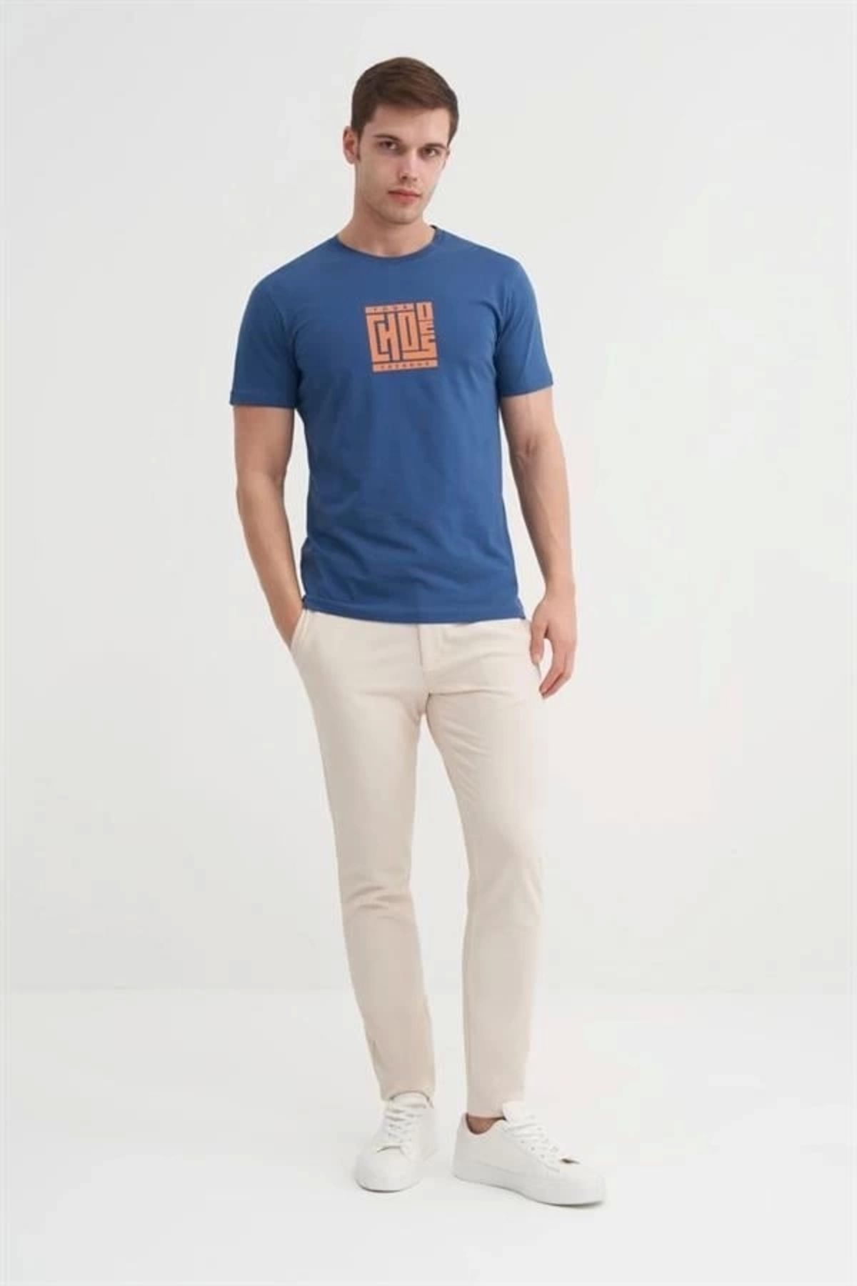 Lale Moda 4165 Bisiklet Yaka Baskılı Erkek T-Shirt İNDİGO