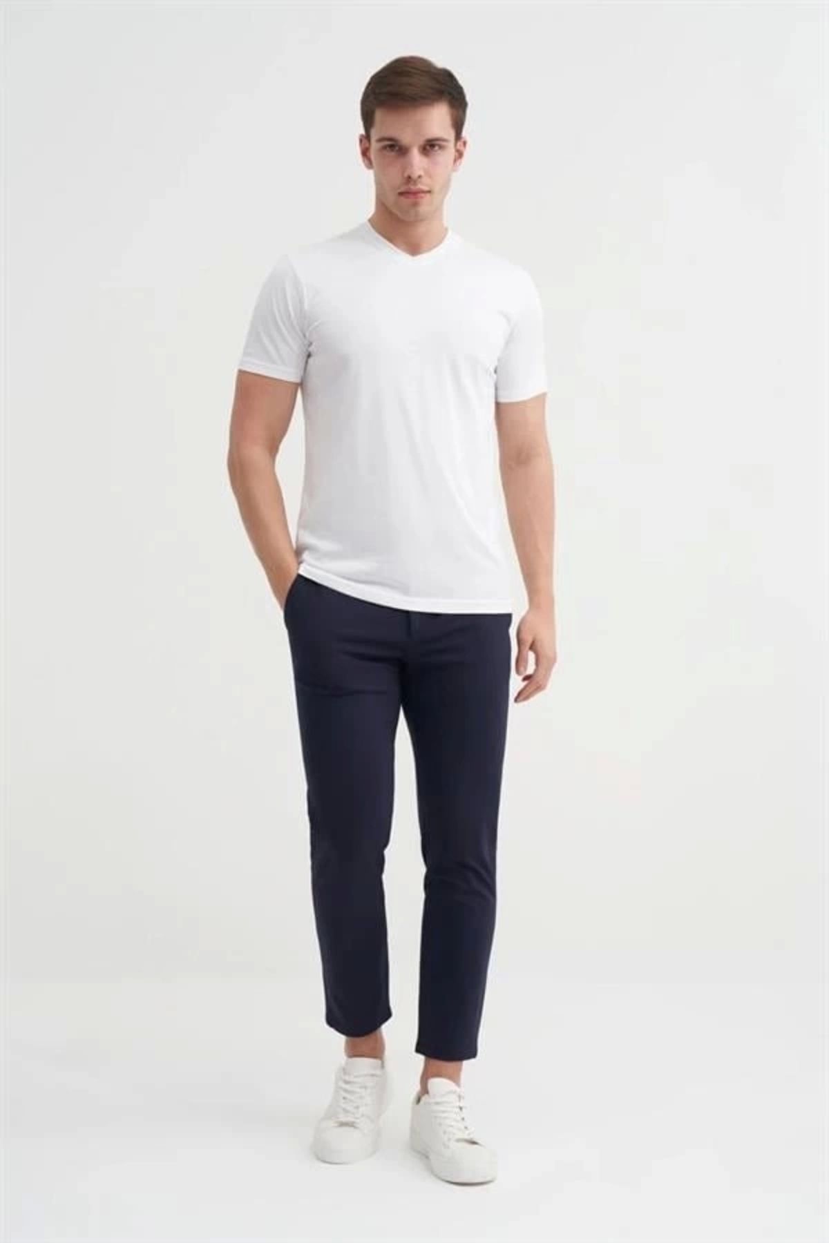 Lale Moda 4624 Basıc V Yaka Erkek T-Shirt Beyaz