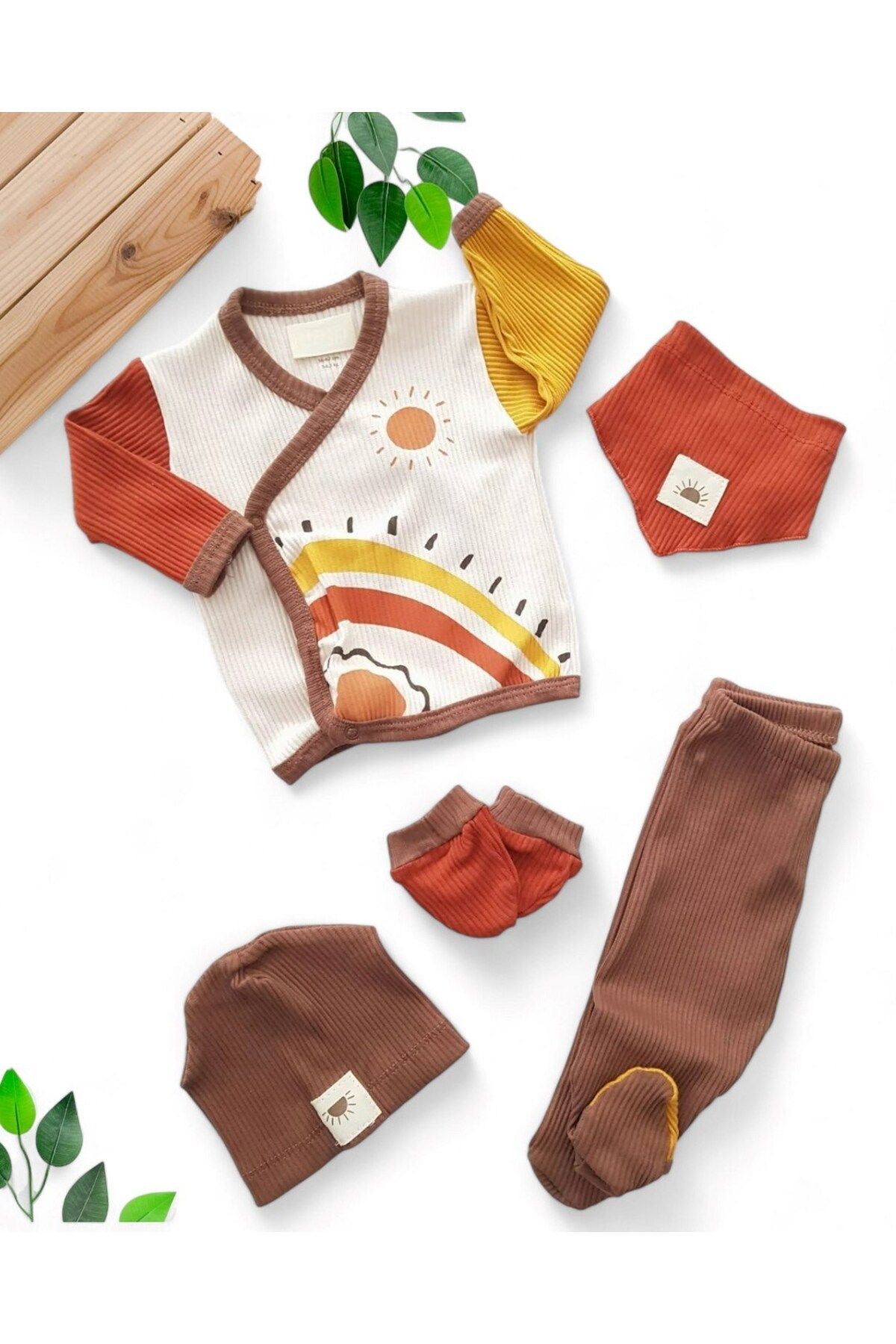 voyyo kids baby ERKEK BEBEK FİTİLLİ GÖKKUŞAĞI BASKILI MEVSİMLİK 5 PARÇA HASTANE ÇIKIŞI ZIBIN SETİ