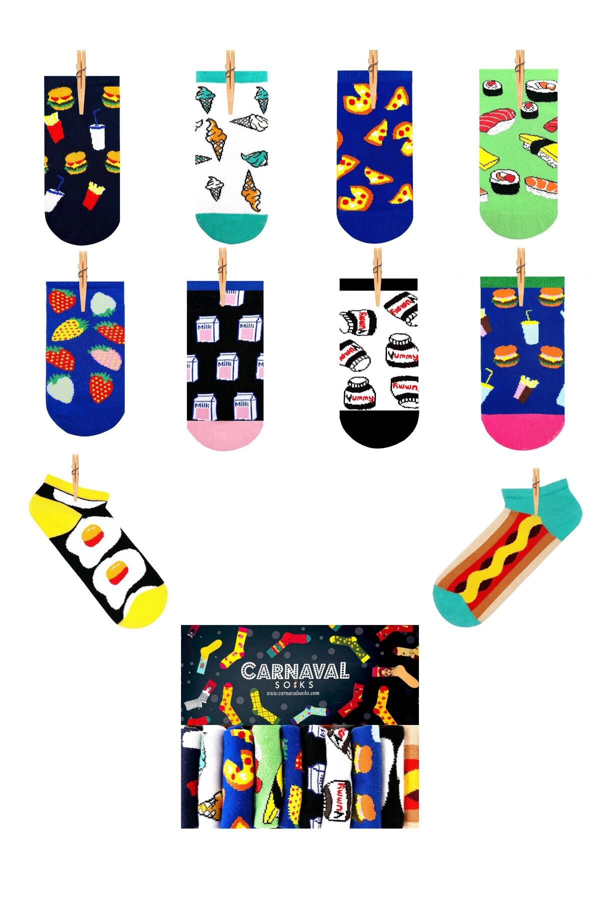 CARNAVAL SOCKS 10'LU YİYECEK VE FAST FOOD DESENLİ RENKLİ PATİK ÇORAP KUTUSU
