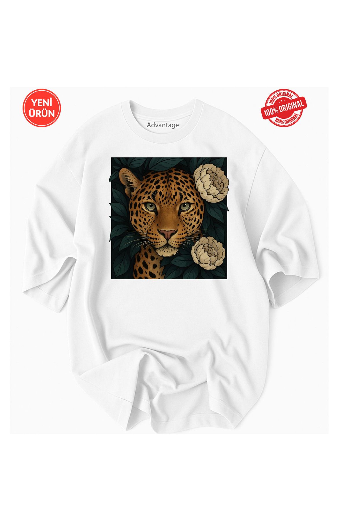 Advantage Leopar Çiçek Desen Baskılı %100 Pamuklu Premium T-Shirt