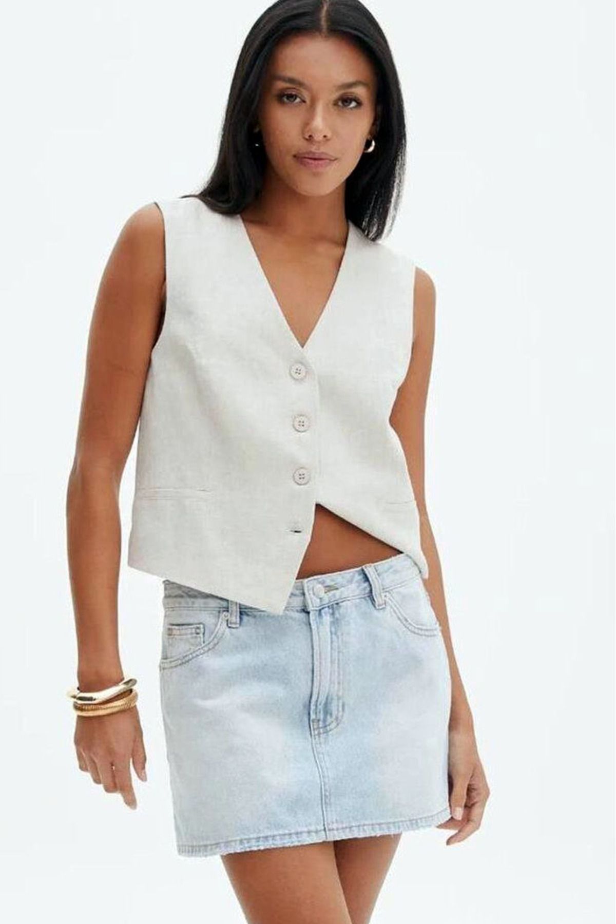MissThetis Fermuarlı 5 Cepli Normal Bel Kısa Mini Boy Pamuklu Dokuma Cool Günlük Normal Kalıp Denim Kot Etek